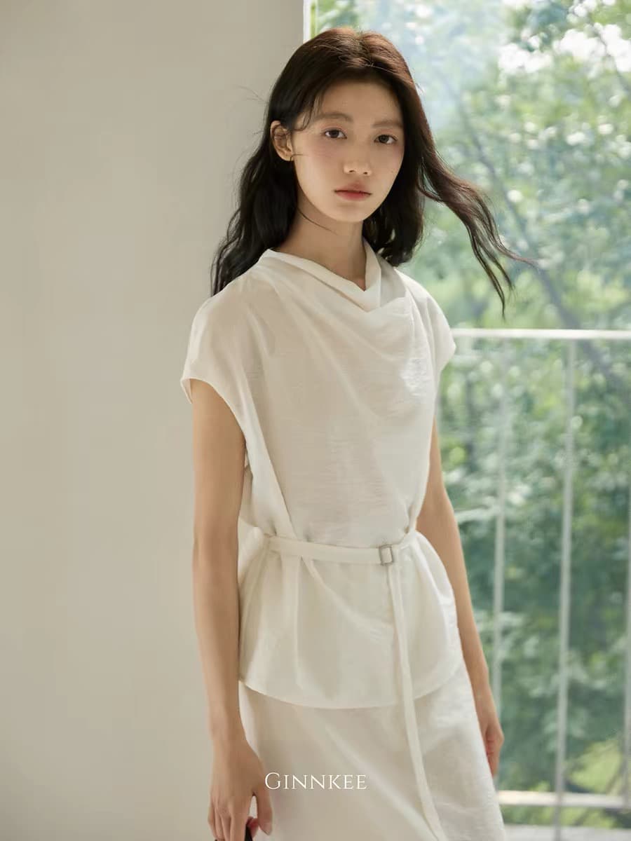ginnkee 프랑스식 우아함 식초 섬유 주간 실크 흔들다 칼라 레이스업 허리 수축 맨위 하이웨이스트 반신 치마 세트 드레스 상세 이미지 1