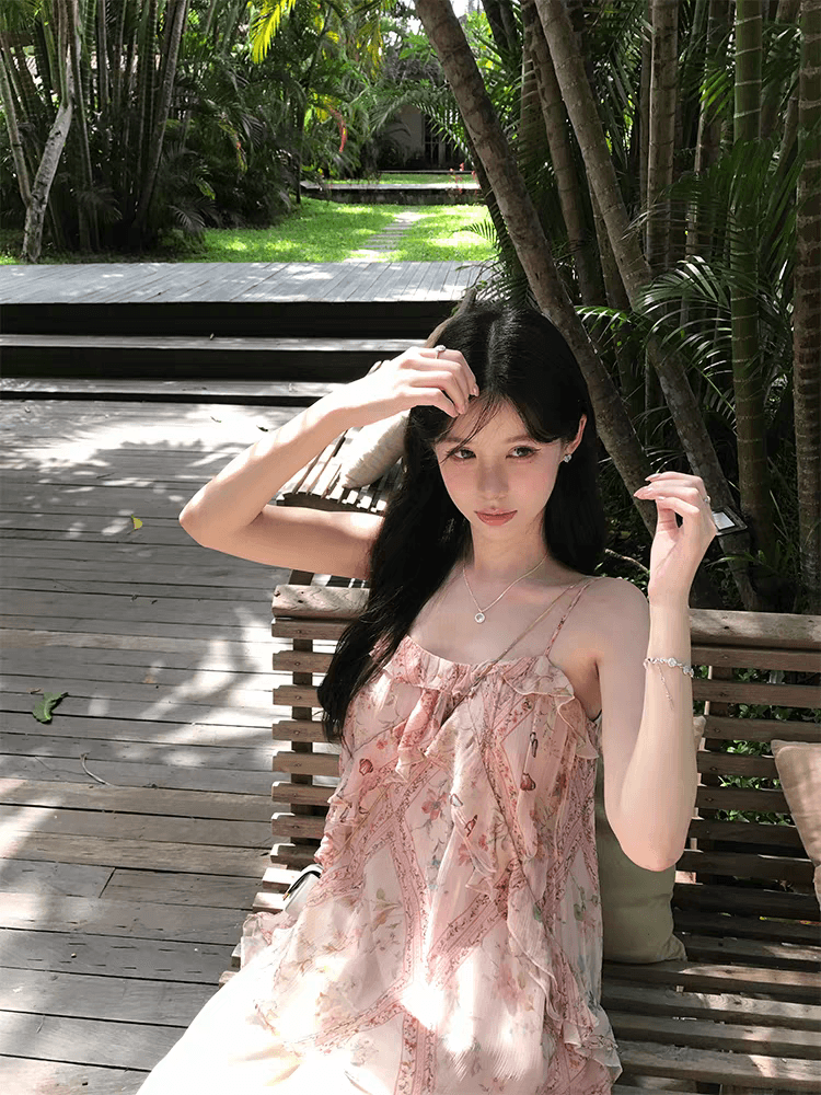 vasse 아름다움 게 휴가 바람 핑크색 프릴 프린트 슬립 여성 여름 달콤함 소녀 센스 도루 가을 슬림해 보이는 맨위 상세 이미지 2