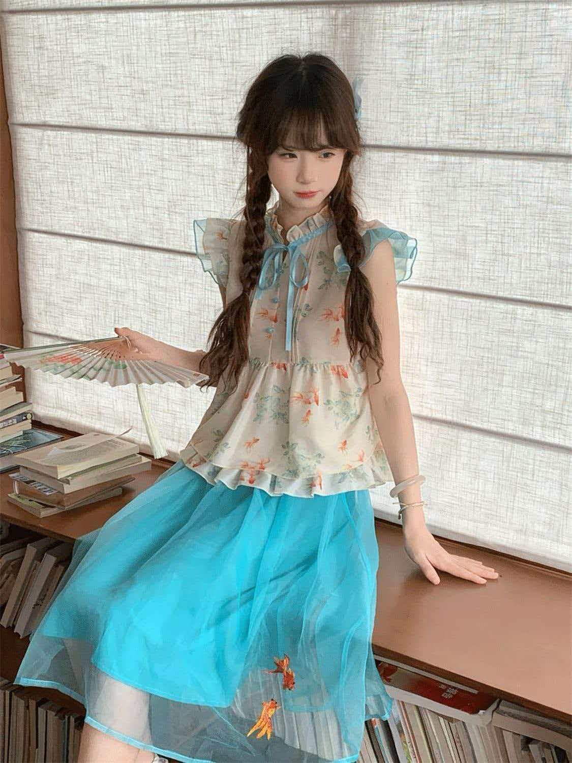 sinsingirl 베개 브로케이드 보기 물고기 작은 날다 소매 프린트 맨위 레이크 블루 잉어 자수 반신 스커트 이미지 3