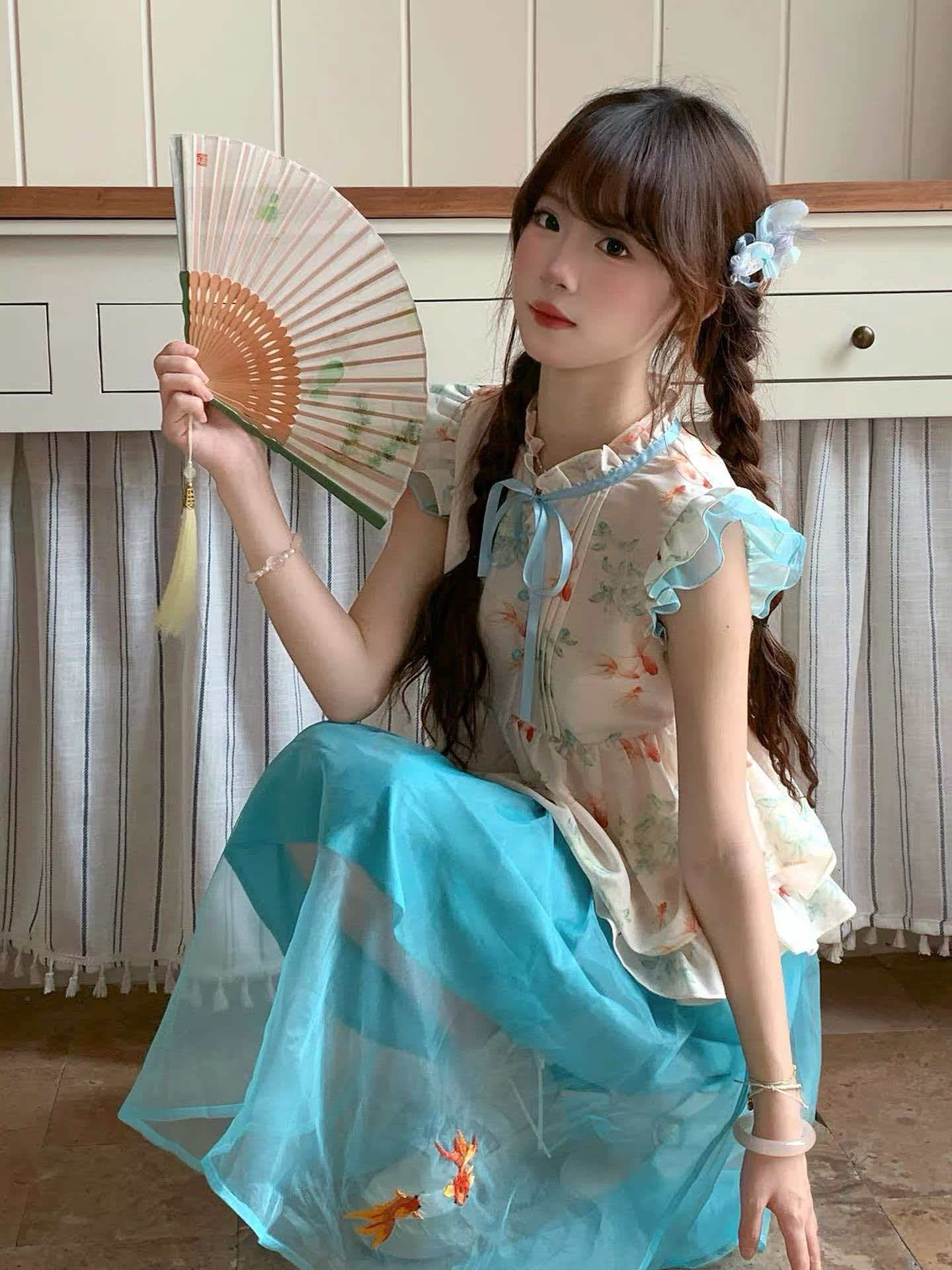 sinsingirl 베개 브로케이드 보기 물고기 작은 날다 소매 프린트 맨위 레이크 블루 잉어 자수 반신 스커트 상세 이미지 1