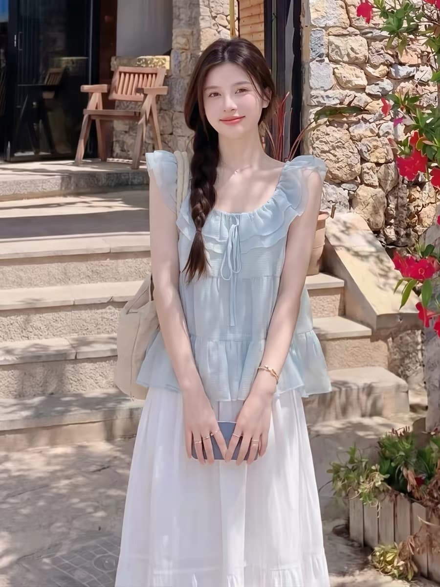 하늘색 민소매 맨위 여성 여름 프랑스식 인형 셔츠 도파민 매우 요정 Feifei 소매 셔츠 반신 치마 세트 이미지 3