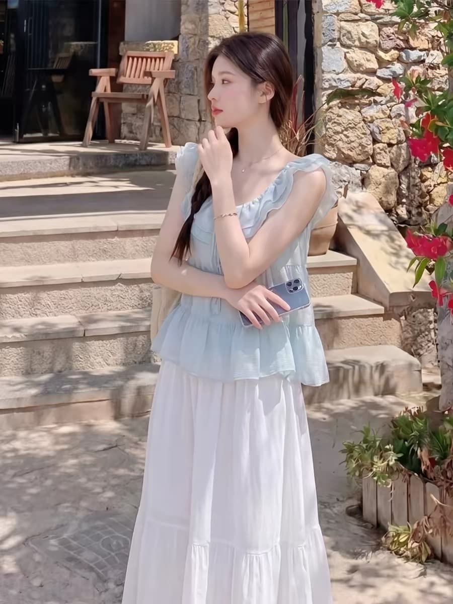 하늘색 민소매 맨위 여성 여름 프랑스식 인형 셔츠 도파민 매우 요정 Feifei 소매 셔츠 반신 치마 세트 상세 이미지 1