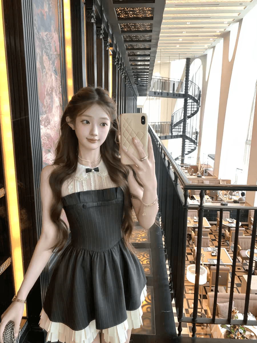 acaine 중간 길이 페이크 레이어드 도트 무늬 망사 스트라이프 허리 수축 한 마디 조끼 여성 드레스 여름 달콤함 치마 이미지 3