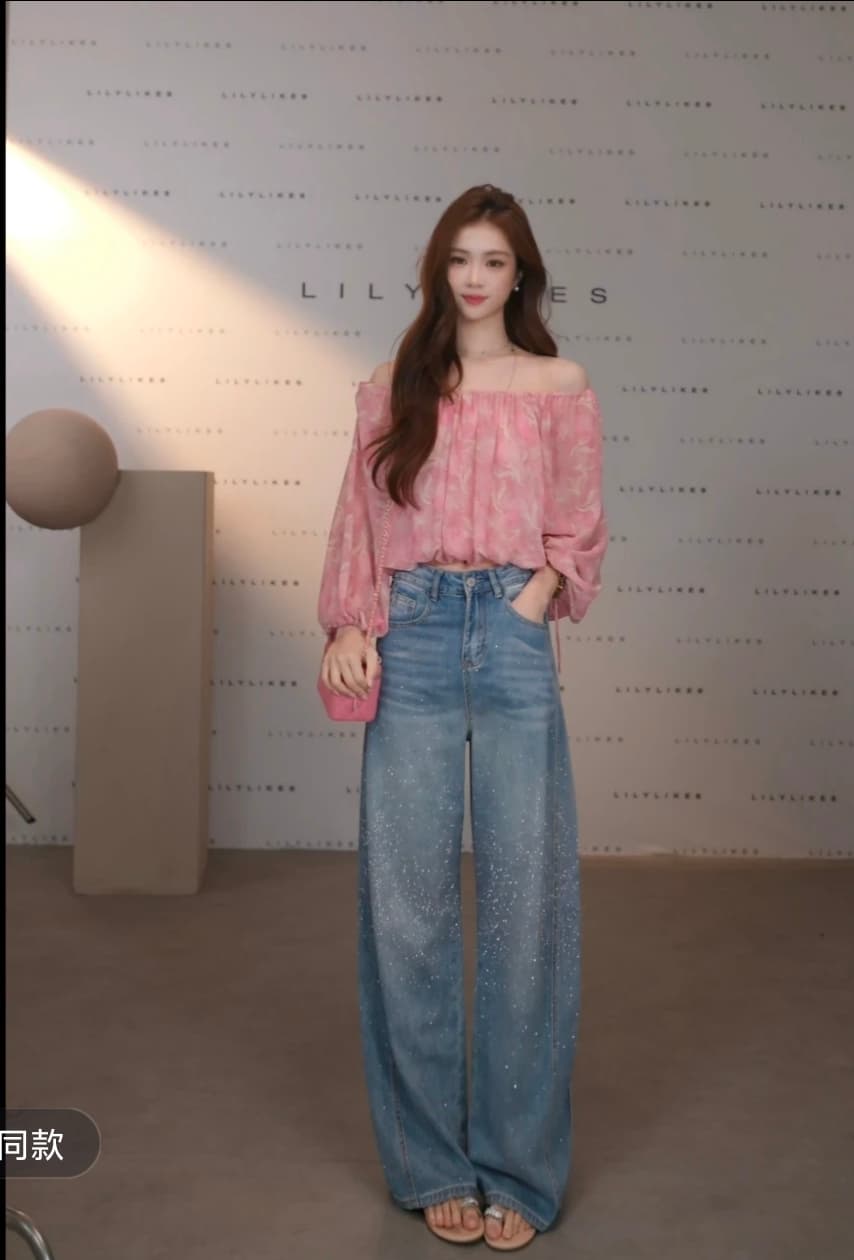 분말 안개 헤일로 염색 오프숄더 거품 소매 쉬폰 톱 잠금 해제 부드러운 순수한 욕망 분위기 센스 이미지 3