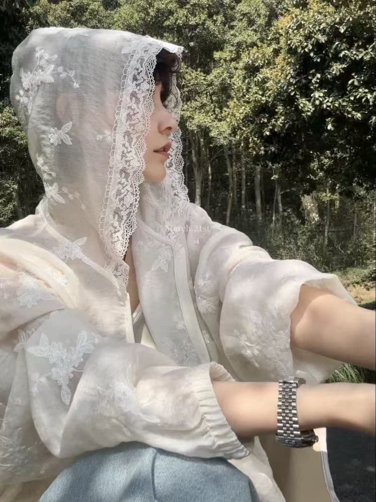 한 부서 후드 레이스 얇은 스타일 자외선 차단 여성 코트 여름 고급 센스 루즈핏 작은 대중 다용도 오픈 가디건 긴팔 맨위 이미지 3