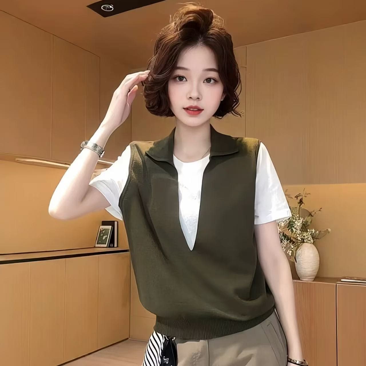 POLO 칼라 패치워크 페이크 레이어드 반팔 티셔츠 2026 여름 빅 사이즈 지방 mm 다용도 슬림해 보이는 루즈핏 여성 맨위 이미지 2