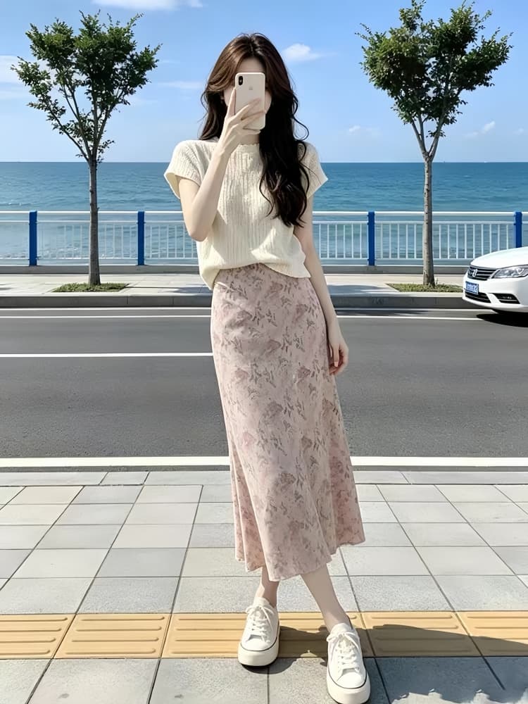 한 부서 분위기 부드러운 바람 질감 센스 슬림해 보이는 반팔 맨위 하이웨이스트 핑크색 꽃무늬 반신 스커트 투피스 슈트 여성 이미지 3