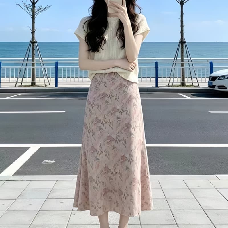 한 부서 분위기 부드러운 바람 질감 센스 슬림해 보이는 반팔 맨위 하이웨이스트 핑크색 꽃무늬 반신 스커트 투피스 슈트 여성 이미지 5
