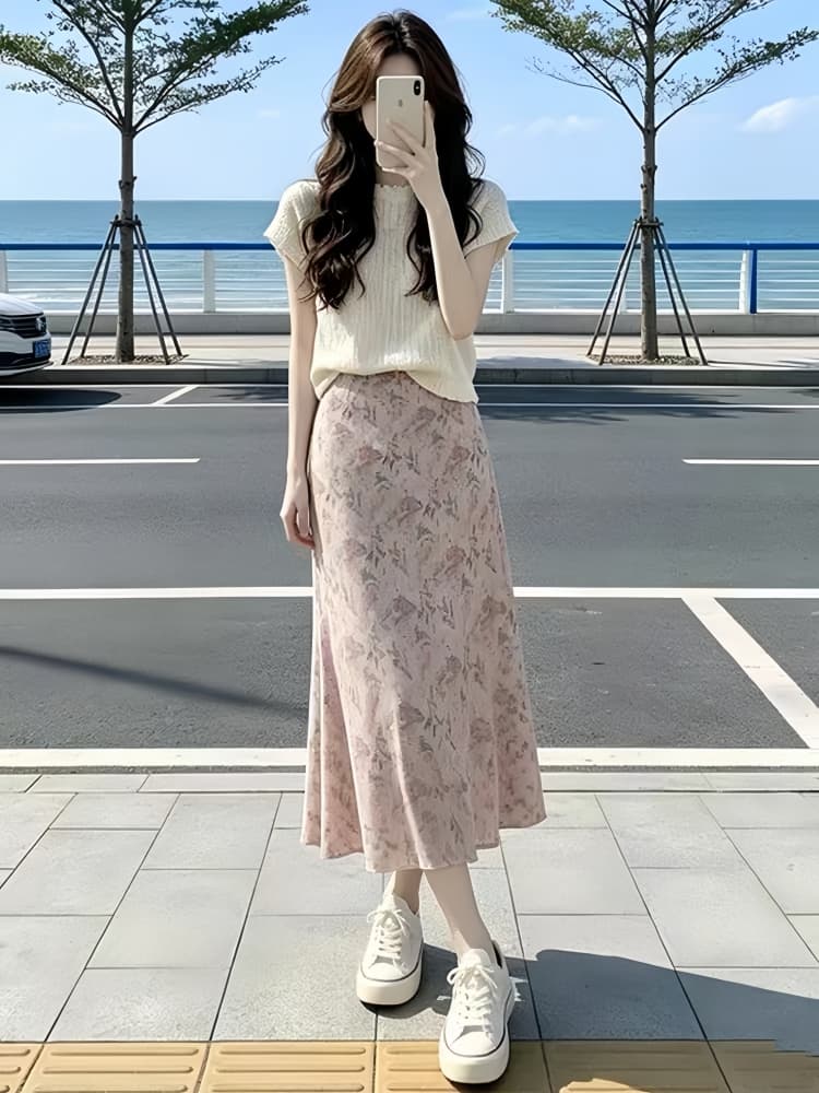 한 부서 분위기 부드러운 바람 질감 센스 슬림해 보이는 반팔 맨위 하이웨이스트 핑크색 꽃무늬 반신 스커트 투피스 슈트 여성 상세 이미지 1