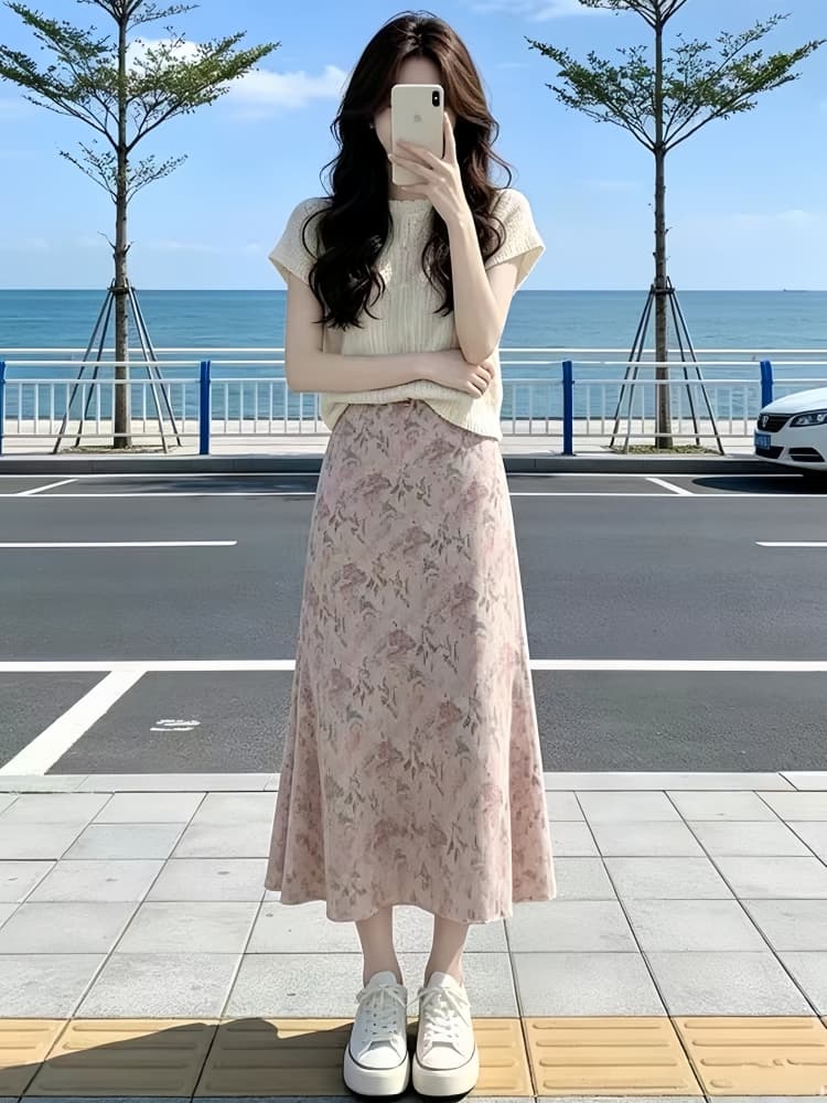 한 부서 분위기 부드러운 바람 질감 센스 슬림해 보이는 반팔 맨위 하이웨이스트 핑크색 꽃무늬 반신 스커트 투피스 슈트 여성 상세 이미지 2