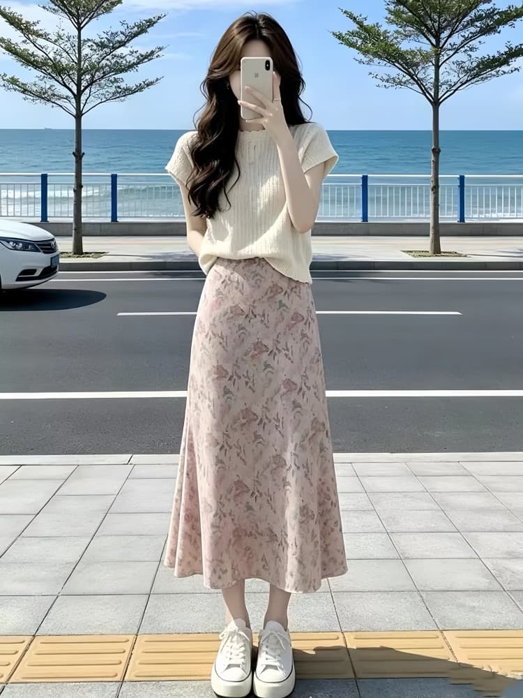 한 부서 분위기 부드러운 바람 질감 센스 슬림해 보이는 반팔 맨위 하이웨이스트 핑크색 꽃무늬 반신 스커트 투피스 슈트 여성 상세 이미지 3