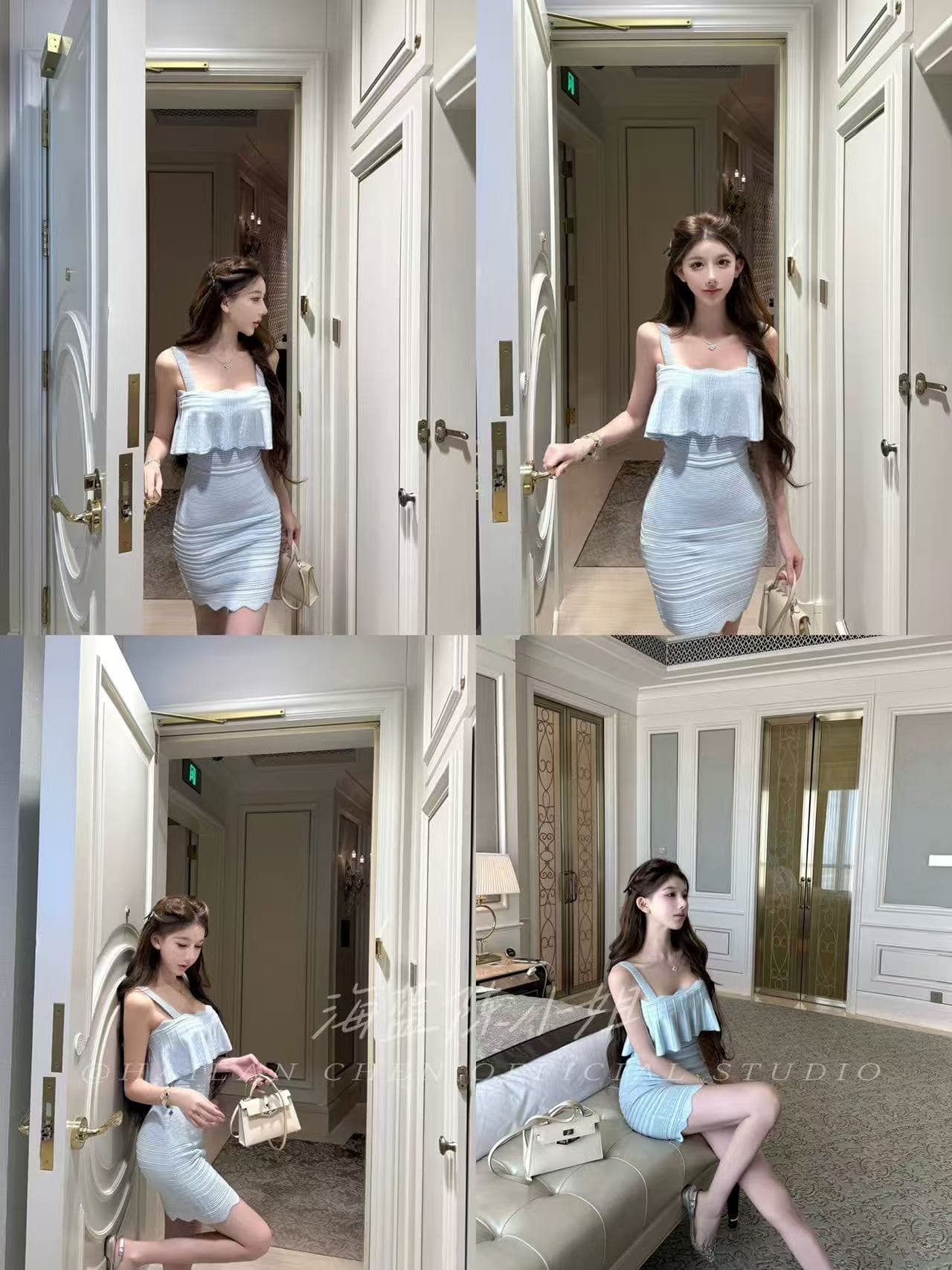 얼음 블루 깃털 눈 세트 염색 유리 블루 프릴 타이트 스커트 신축성 허리 수축 몸매 가꾸기 니트 슬립 여성 드레스 이미지 3