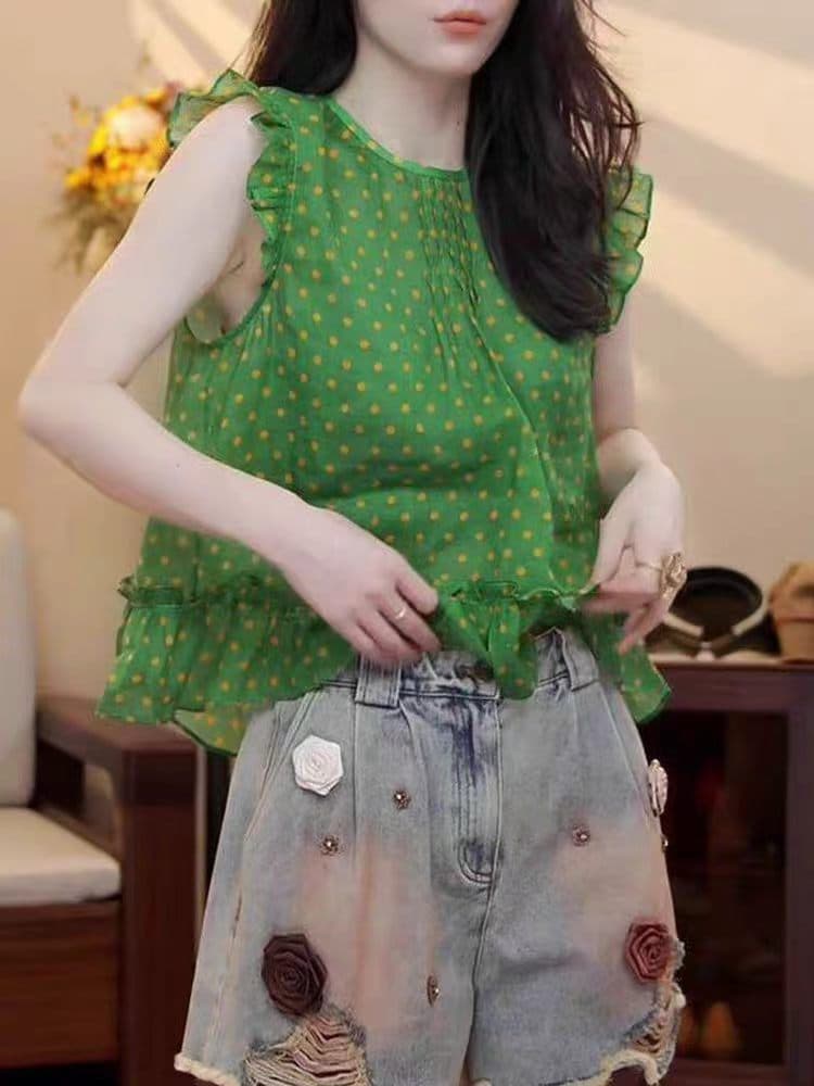 한 부서 고급 센스 녹색 목이버섯 레이스 라운드 넥 여성 셔츠 여름 새로운 레트로 도트 무늬 자외선 차단 맨위 상세 이미지 1