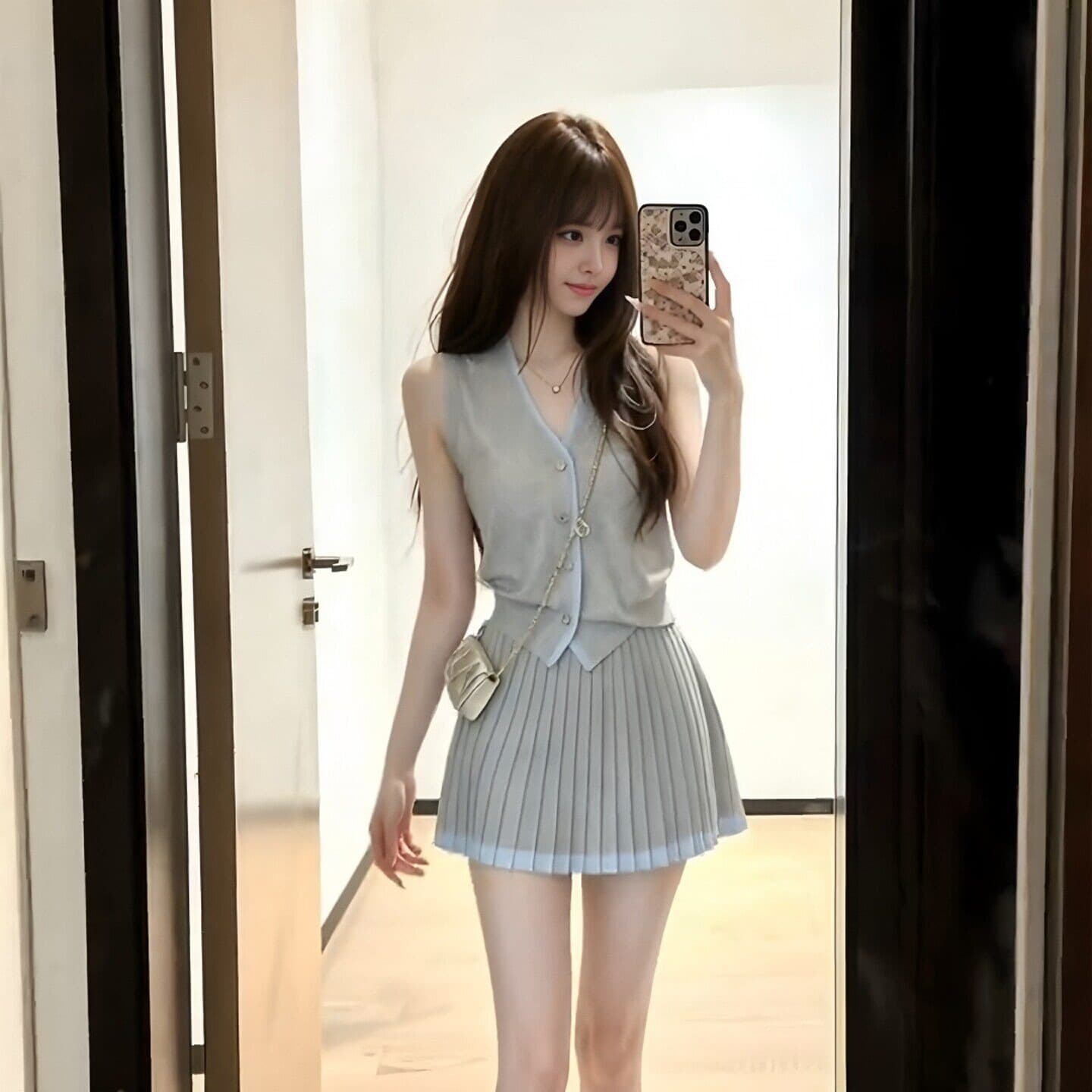 한 부서 달콤한 스타일 회색 V넥 조끼 플리츠 미니 스커트 세트 여성 여름 새로운 패션 슬림해 보이는 연령 감소 착용 가져 가라. 이미지 5