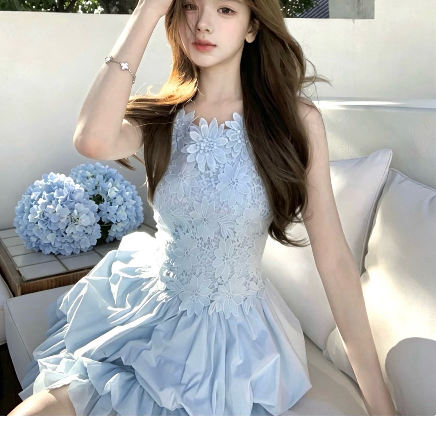 q 여자 집 신제품 9 접기 떠 다니는 꽃 블루 黛 무거운 작업 3 차원 꽃 바다 소금 블루 민소매 몸매 가꾸기 꽃밭 드레스 이미지 5