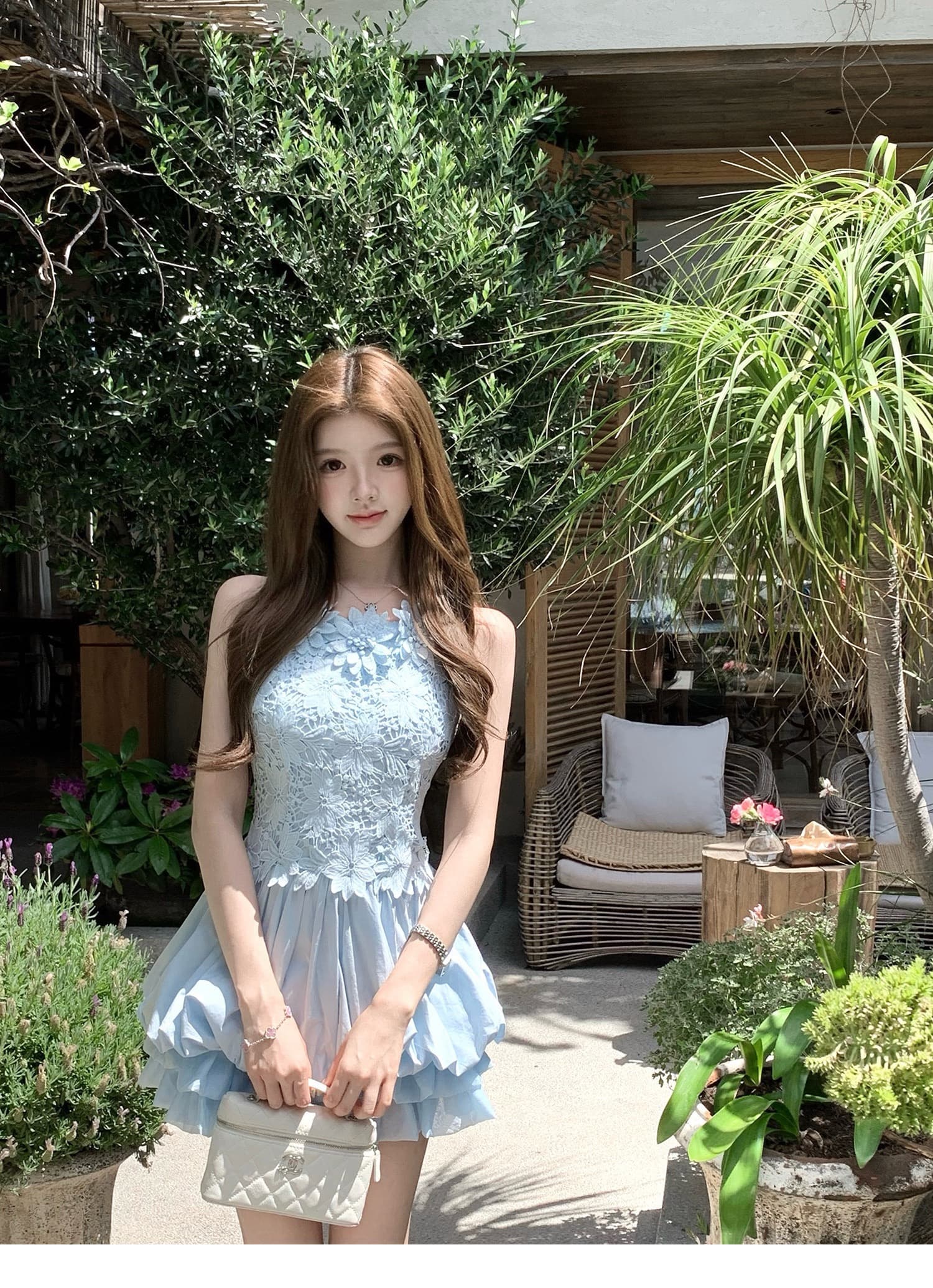 q 여자 집 신제품 9 접기 떠 다니는 꽃 블루 黛 무거운 작업 3 차원 꽃 바다 소금 블루 민소매 몸매 가꾸기 꽃밭 드레스 상세 이미지 1