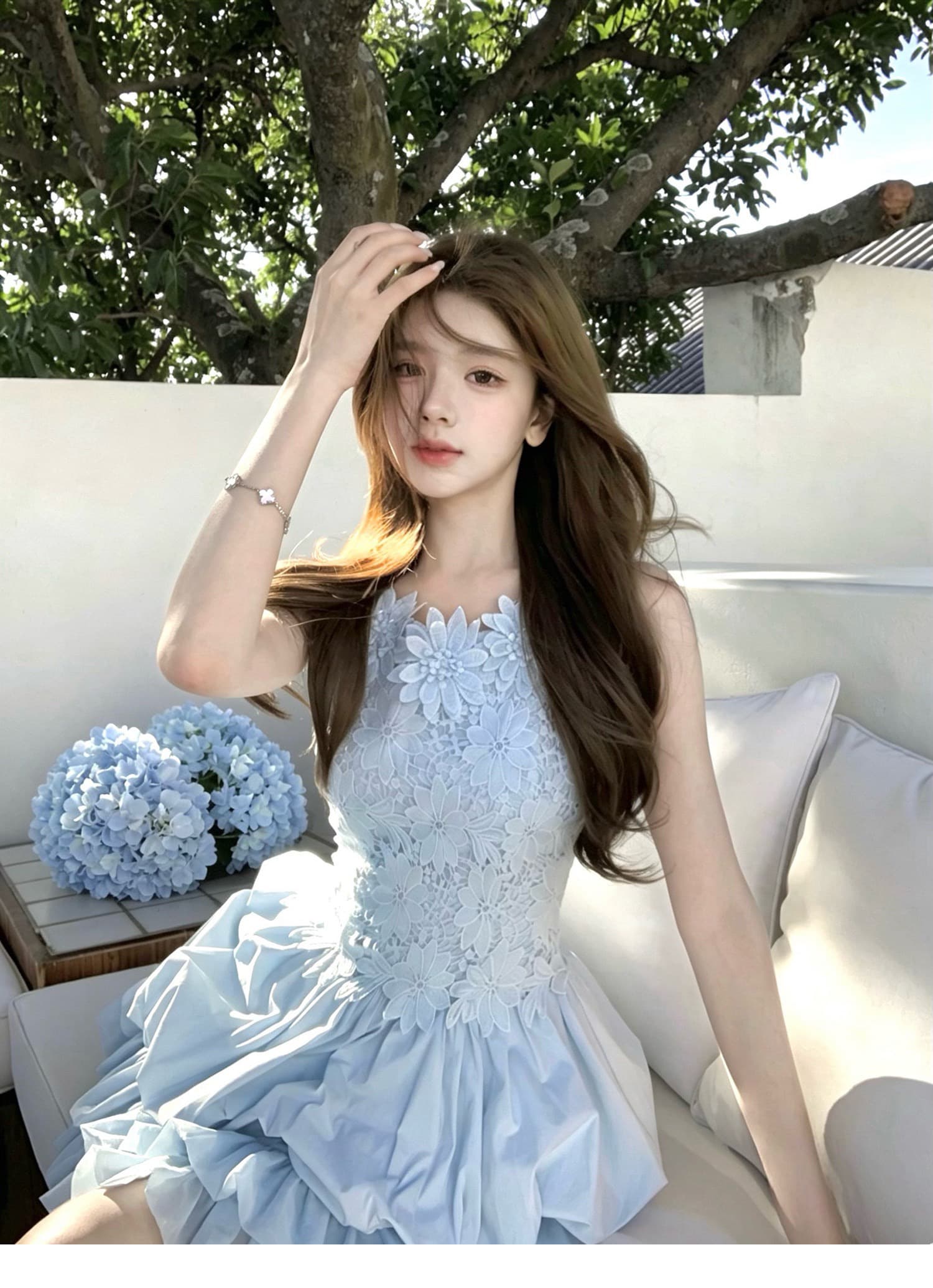 q 여자 집 신제품 9 접기 떠 다니는 꽃 블루 黛 무거운 작업 3 차원 꽃 바다 소금 블루 민소매 몸매 가꾸기 꽃밭 드레스 상세 이미지 2