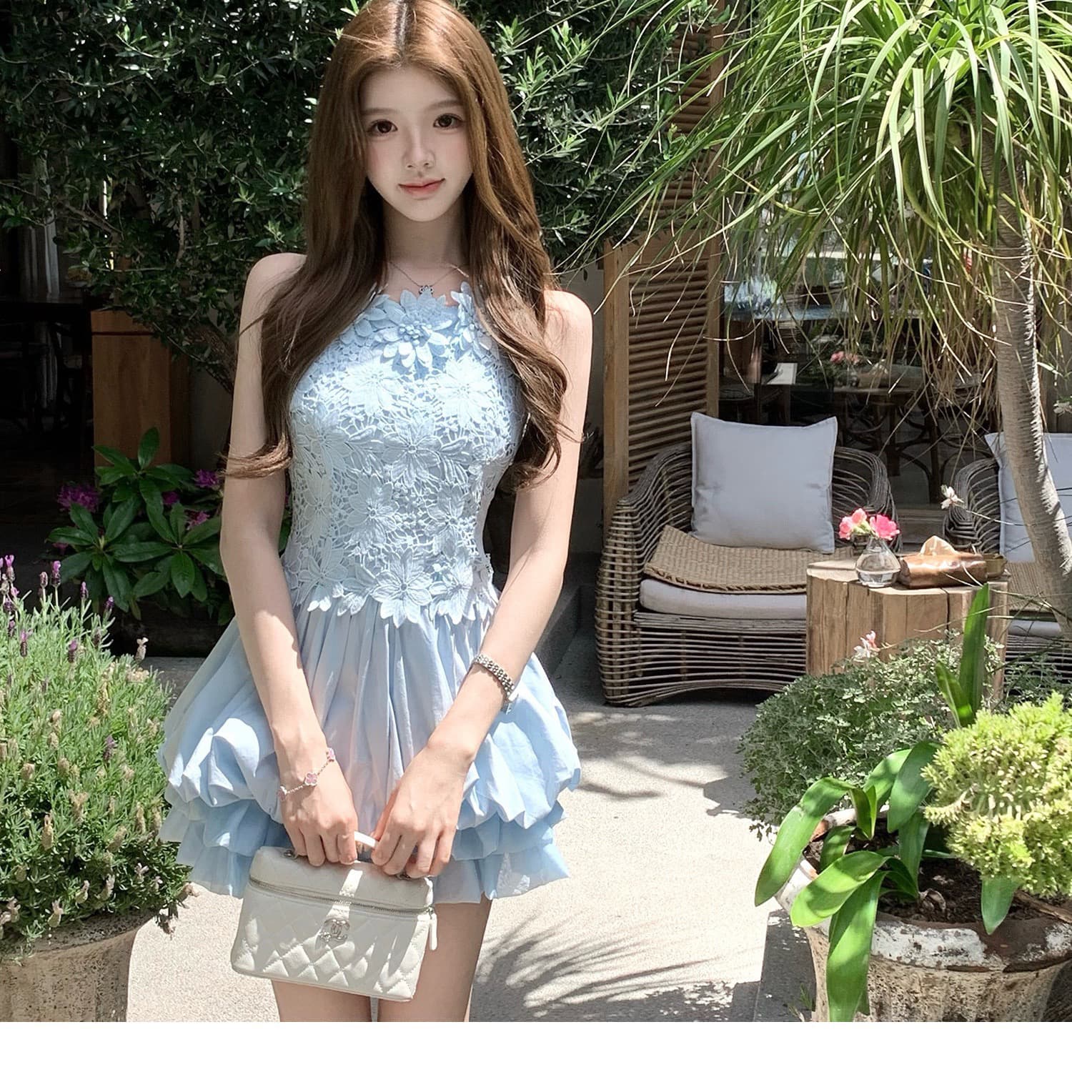 q 여자 집 신제품 9 접기 떠 다니는 꽃 블루 黛 무거운 작업 3 차원 꽃 바다 소금 블루 민소매 몸매 가꾸기 꽃밭 드레스 상세 이미지 3