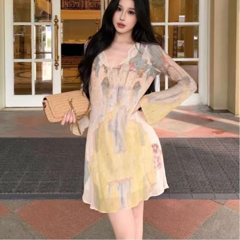 liora 오래된 흔적 프랑스식 품격 허리 수축 슬림해 보이는 프린트 나팔 소매 드레스 이미지 5