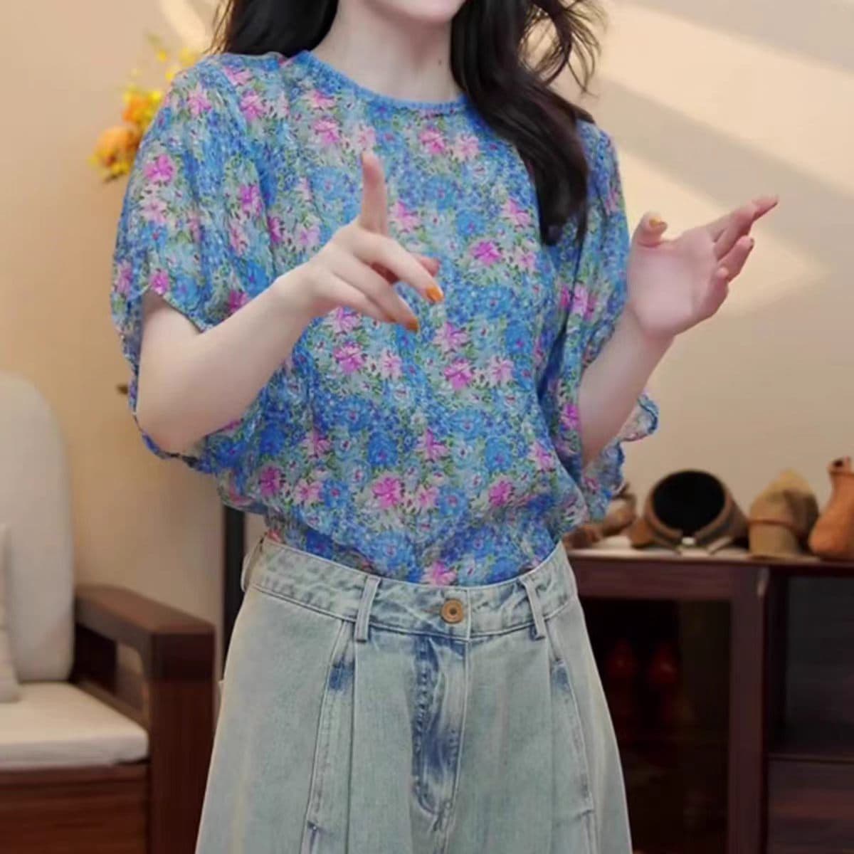 프랑스식 디자인 센스 블루스 꽃무늬 거품 소매 여성 셔츠 여름 새로운 루즈핏 패션 품격 다용도 맨위 트렌디 상세 이미지 1