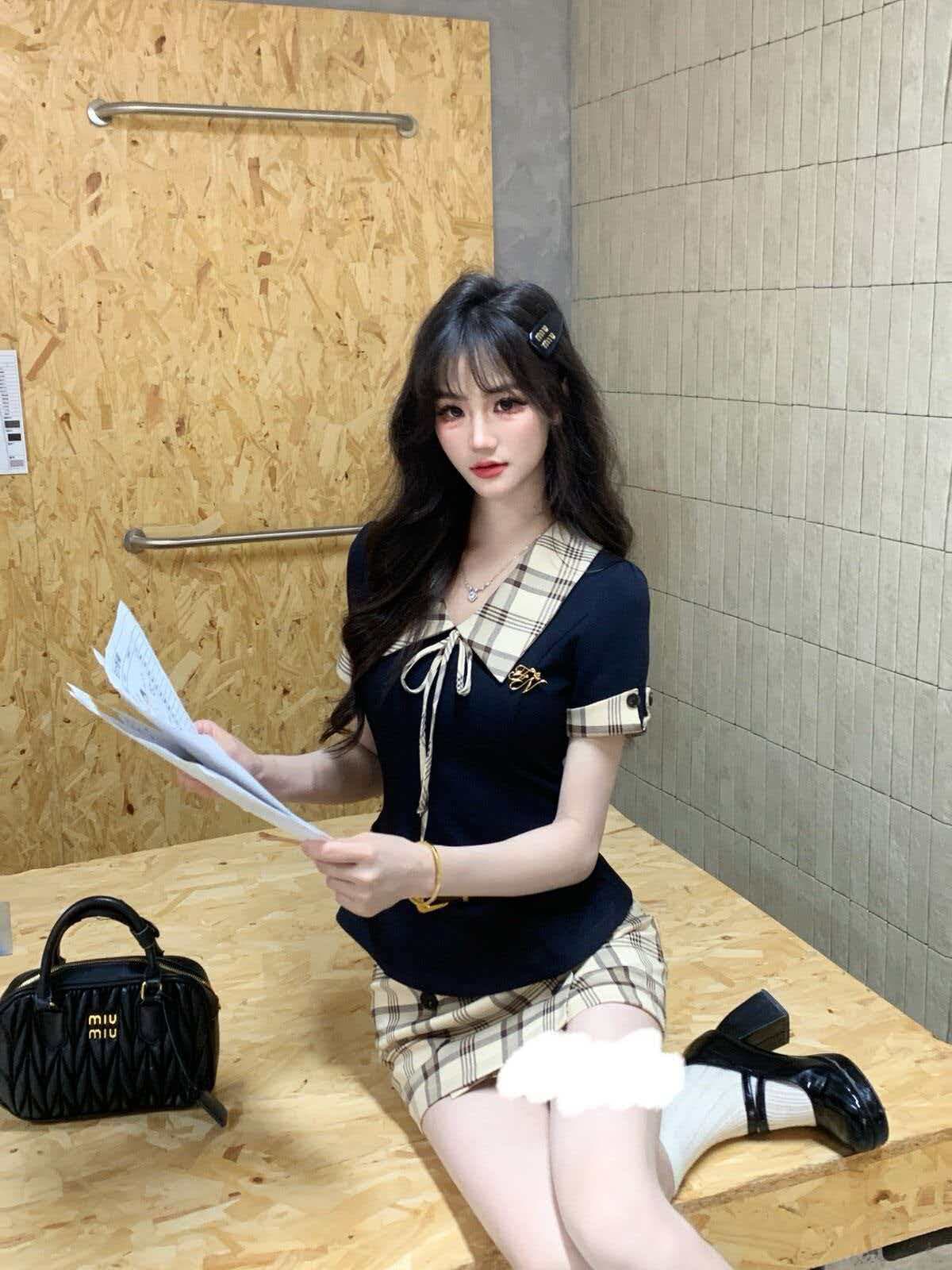 기타 한 작은 물고기 musefish 영어 지구 자매 천 골드 학원 스타일 허리 수축 체크무늬 맨위 반 스커트 세트 여름 이미지 3