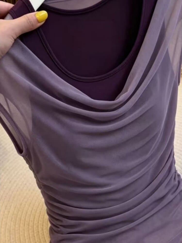 프랑스식 패션 품격 불규칙 흔들다 칼라 반팔 티셔츠 여성 주름 허리 수축 슬림해 보이는 보라색 페이크 레이어드 맨위 여름 상세 이미지 3