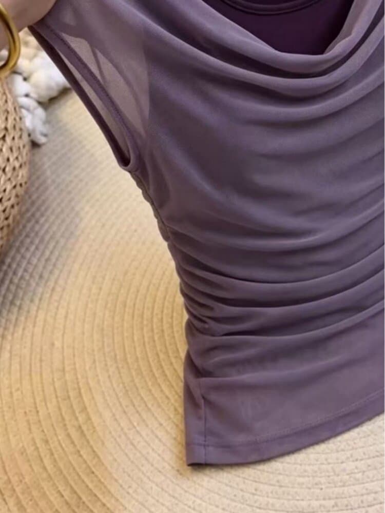 프랑스식 패션 품격 불규칙 흔들다 칼라 반팔 티셔츠 여성 주름 허리 수축 슬림해 보이는 보라색 페이크 레이어드 맨위 여름 상세 이미지 4