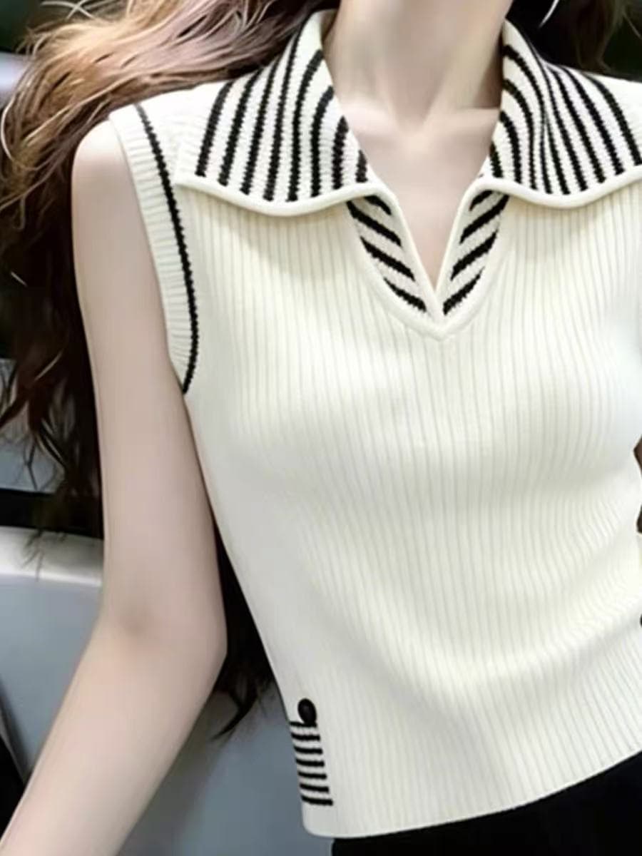 레트로 스타일 베이지 색 스트라이프 POLO 칼라 민소매 니트 조끼 여성 여름 새로운 다용도 몸매 가꾸기 슬림해 보이는 작은 셔츠 상세 이미지 1