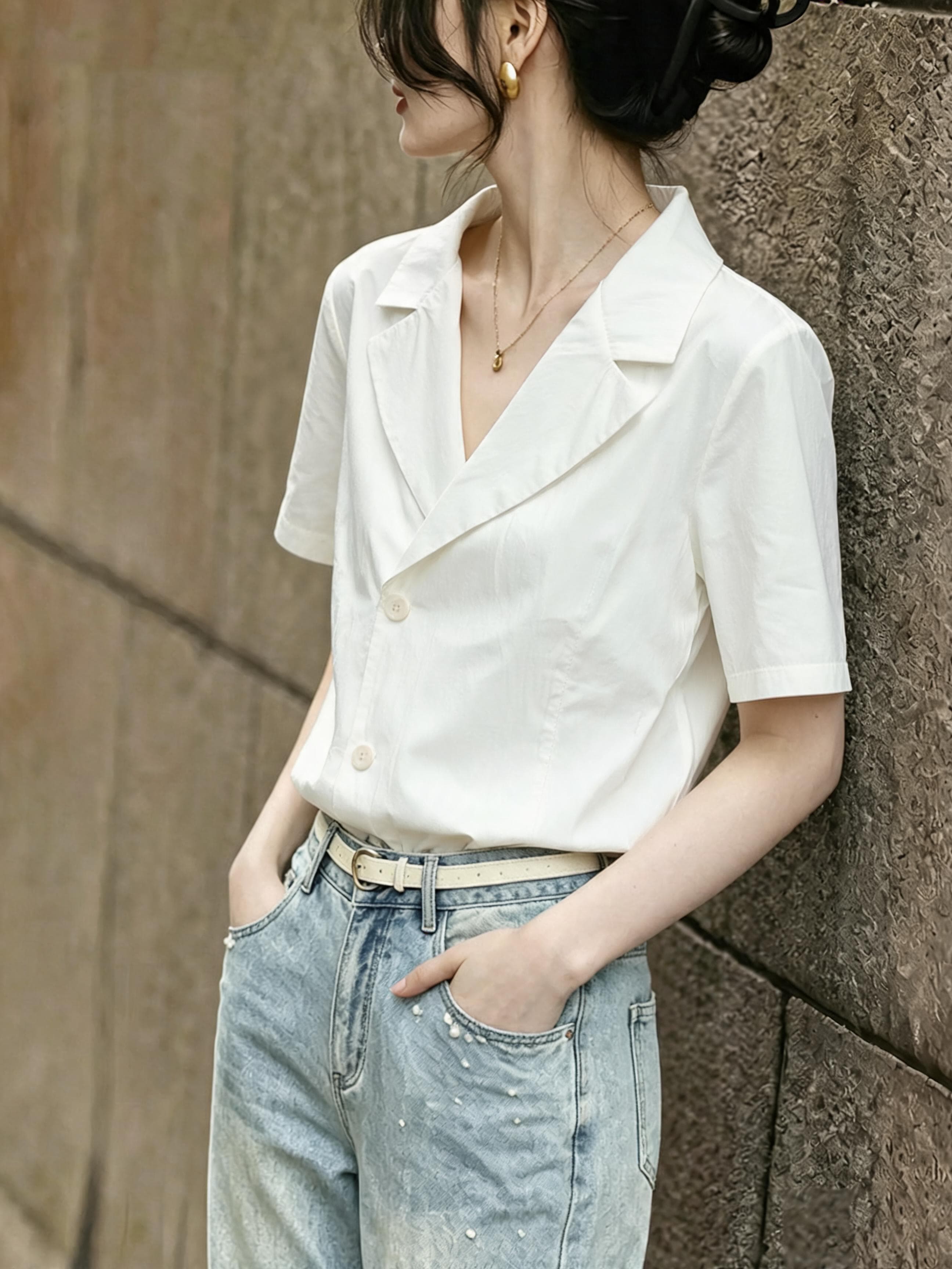 한 부서 살구 색상 긍정적 인 어깨 반팔 V넥 여성 셔츠 2026 여름 고유 한 정장 칼라 셔츠 허리 수축 아름다운 맨위 상세 이미지 2