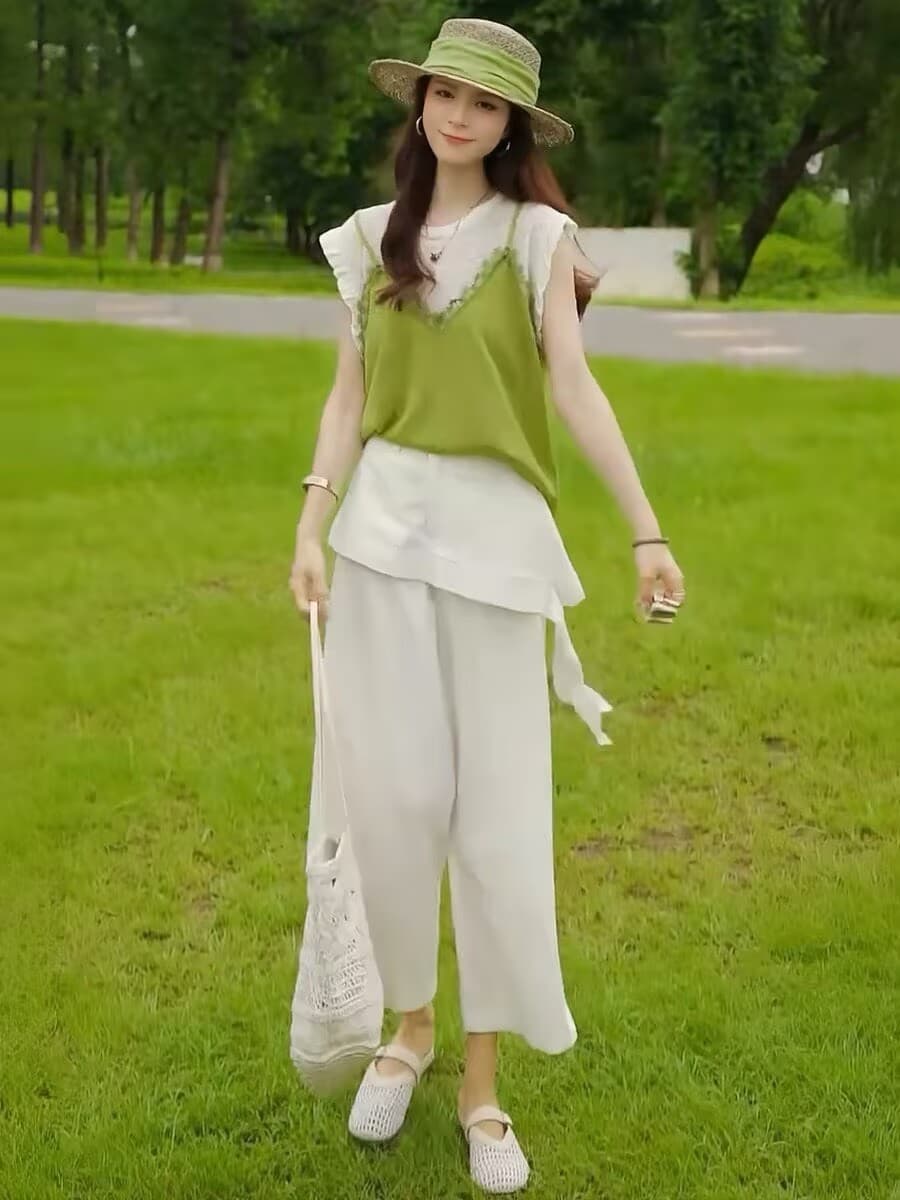 여름 그레이트 통해보기 가져 가라. 세트 한 부서 패션 외국 가스 페이크 레이어드 니트 맨위 방귀 커튼 캐주얼 바지 투피스 세트 상세 이미지 1