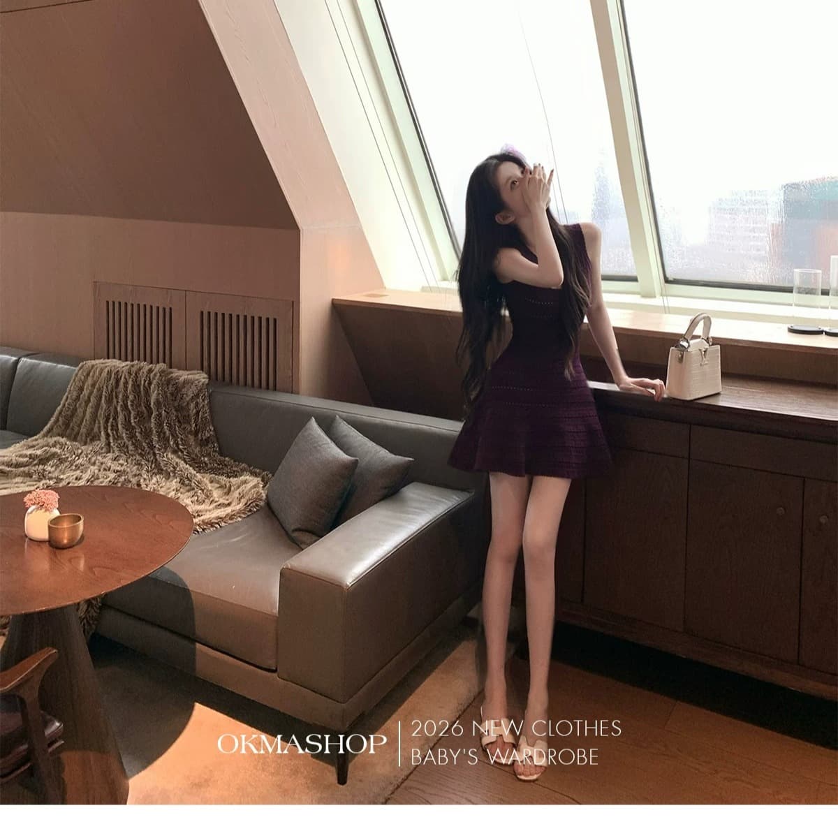okmashop 녹색 이순신 제직 꿈 니트 슬립 여성 드레스 여름 품격 순수한 욕망 미니 스커트 허리 수축 치마 이미지 5
