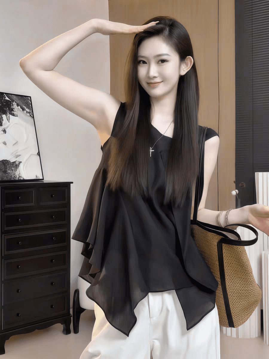 검정색 민소매 여성 셔츠 2026 새로운 여름 맨위 이미지 3