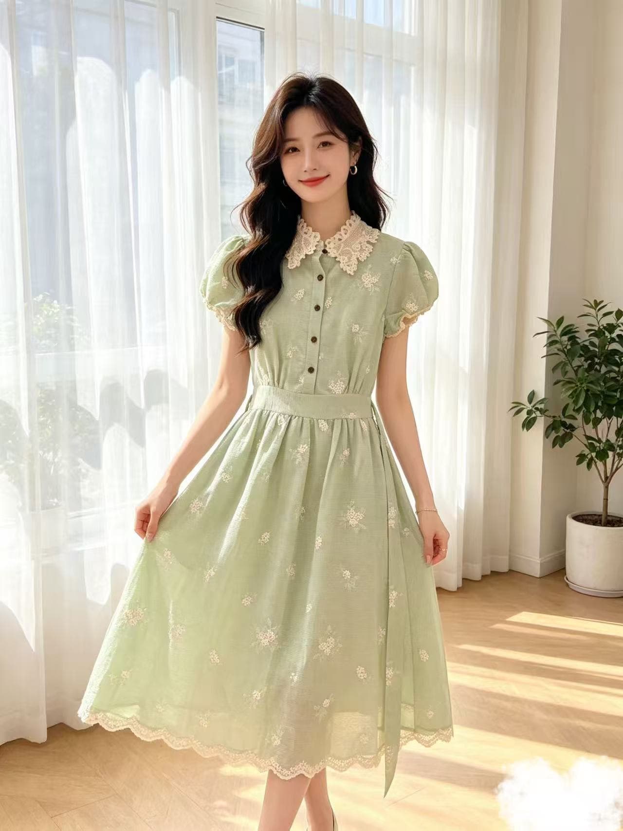 봄 산 칭다이 레트로 스타일 자수 여성 드레스 봄 여름 레이스업 슬림해 보이는 셔츠 드레스 상세 이미지 3
