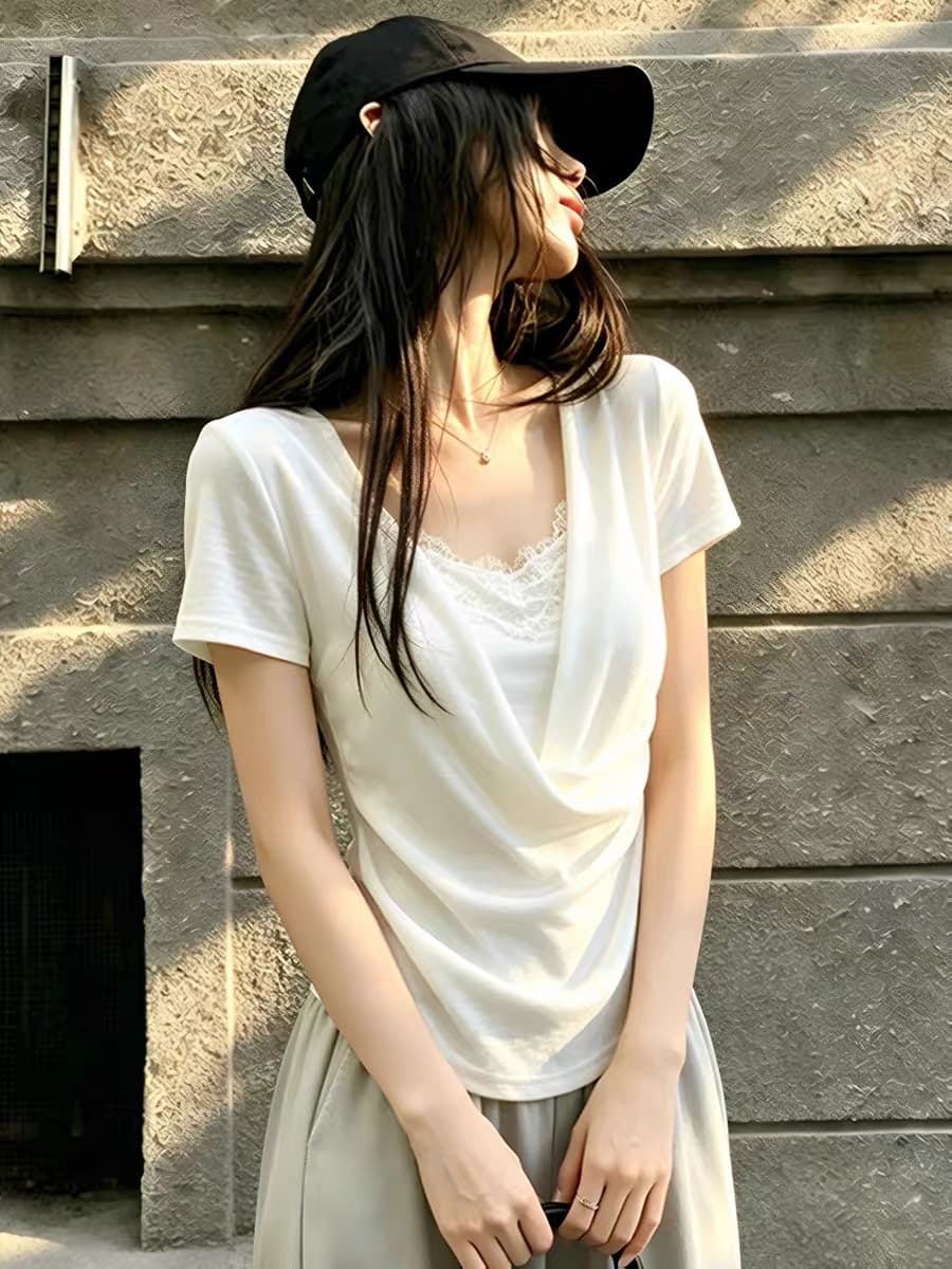 프랑스식 미니멀리즘 u 칼라 페이크 레이어드 화이트 반팔 티셔츠 여성 여름 레이스 조각 디자인 센스 슬림해 보이는 작은 대중 맨위 이미지 2