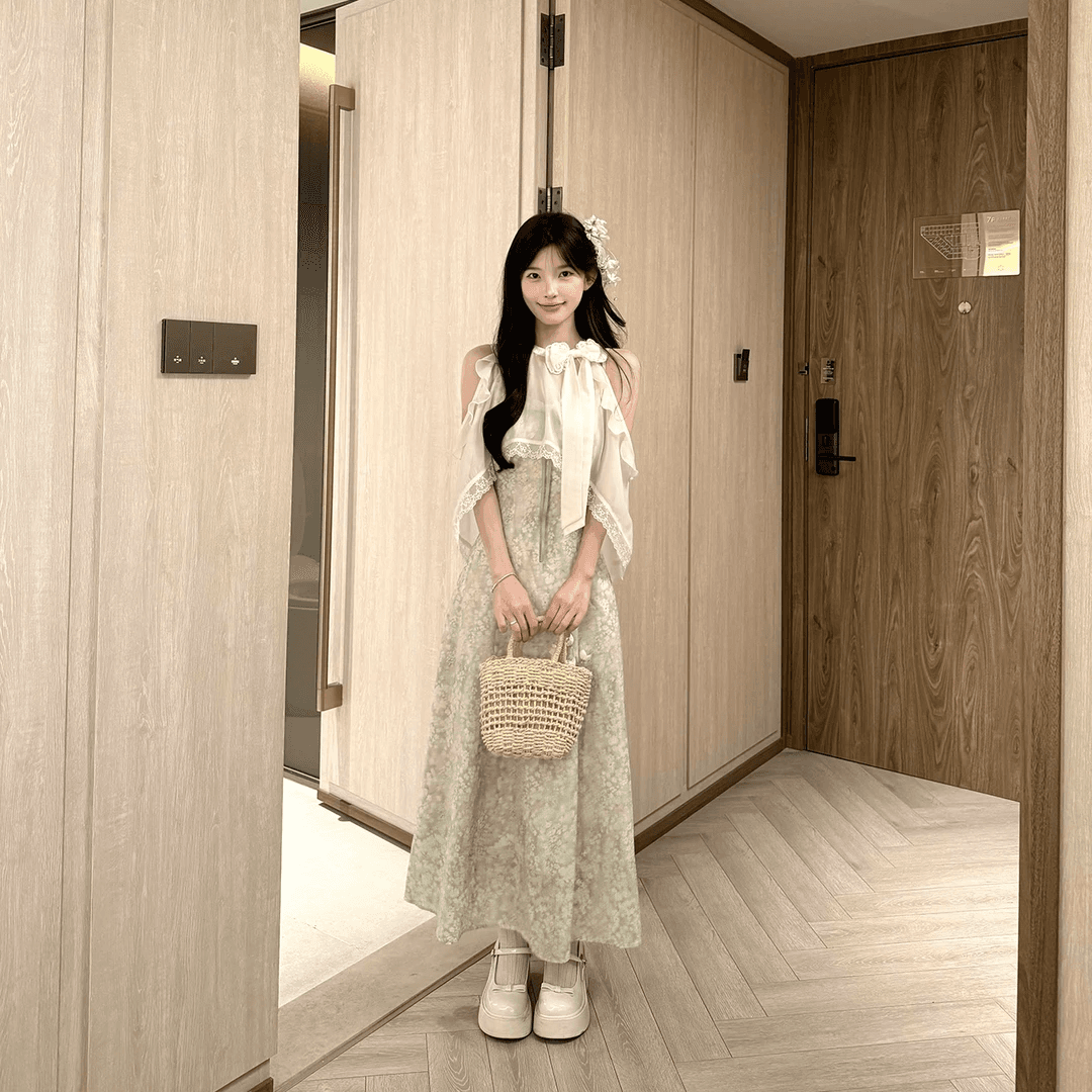 캄파넬라 세과 house 바닐라 치즈 달콤한 소녀 바람 프랑스식 행침 목 허리 수축 꽃무늬 드레스 블라우스 세트 이미지 2