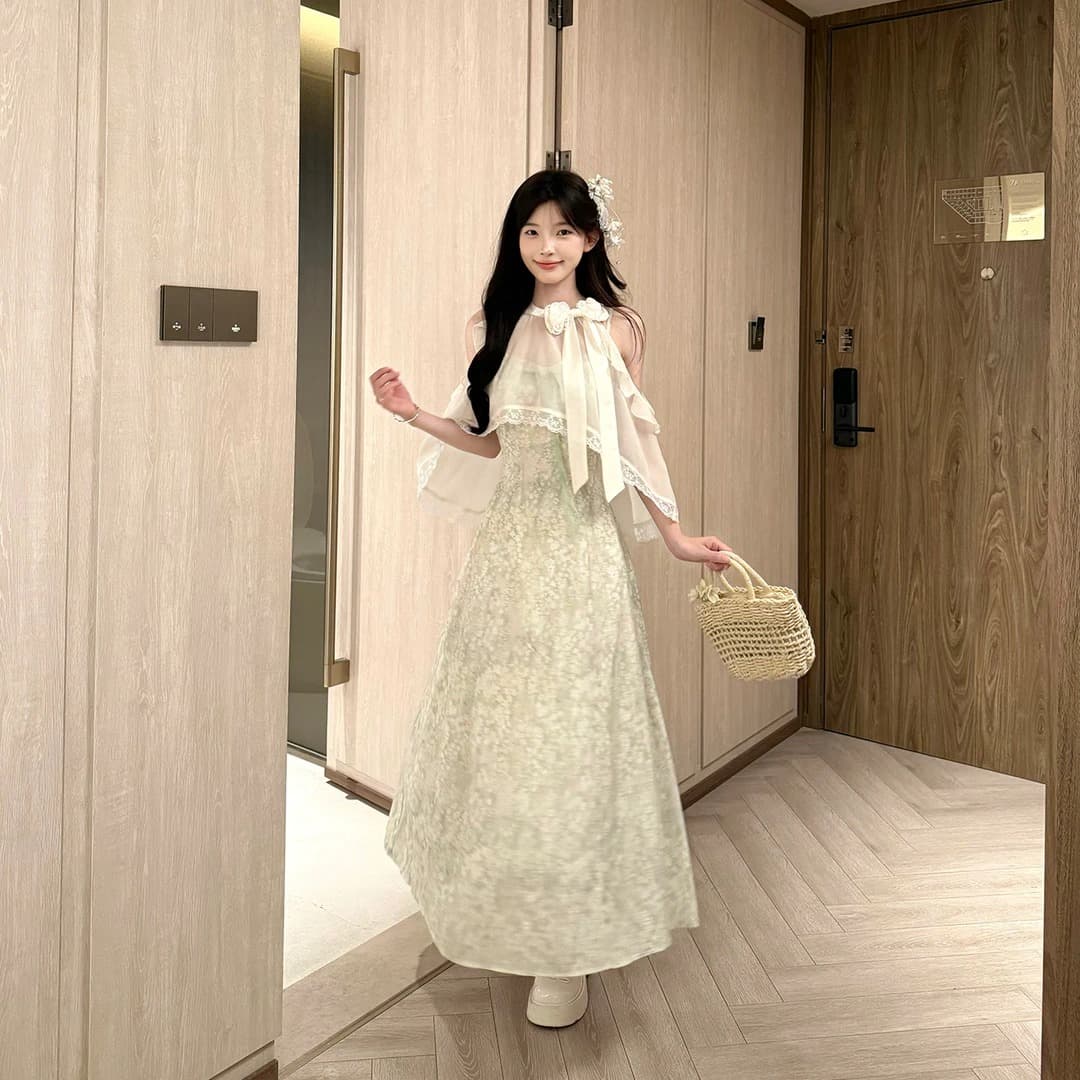 캄파넬라 세과 house 바닐라 치즈 달콤한 소녀 바람 프랑스식 행침 목 허리 수축 꽃무늬 드레스 블라우스 세트 이미지 5