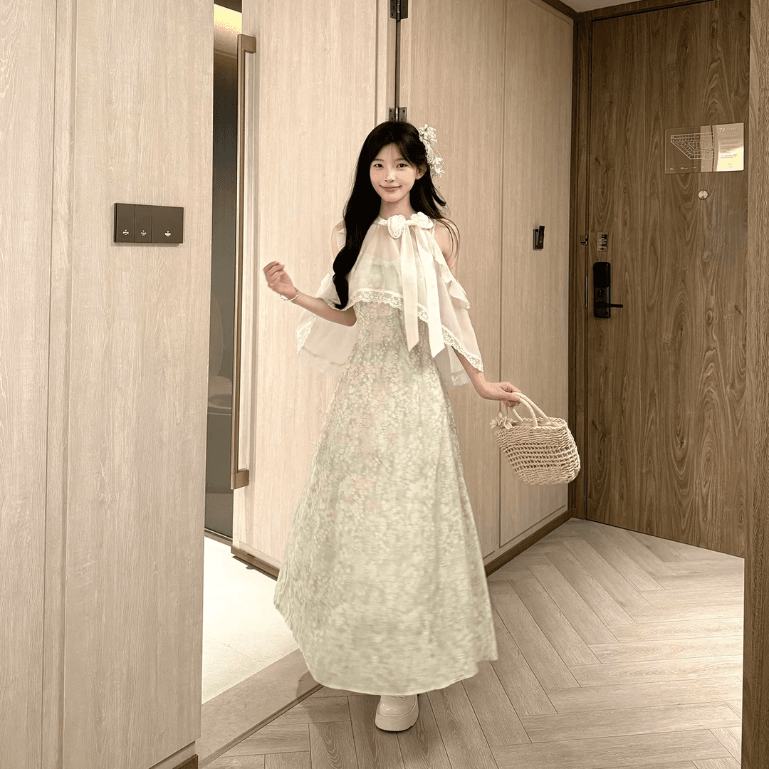 캄파넬라 세과 house 바닐라 치즈 달콤한 소녀 바람 프랑스식 행침 목 허리 수축 꽃무늬 드레스 블라우스 세트 상세 이미지 3