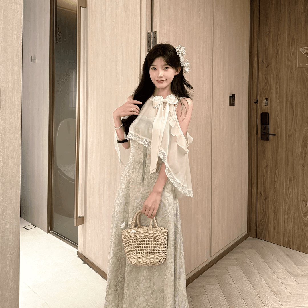 캄파넬라 세과 house 바닐라 치즈 달콤한 소녀 바람 프랑스식 행침 목 허리 수축 꽃무늬 드레스 블라우스 세트 상세 이미지 4