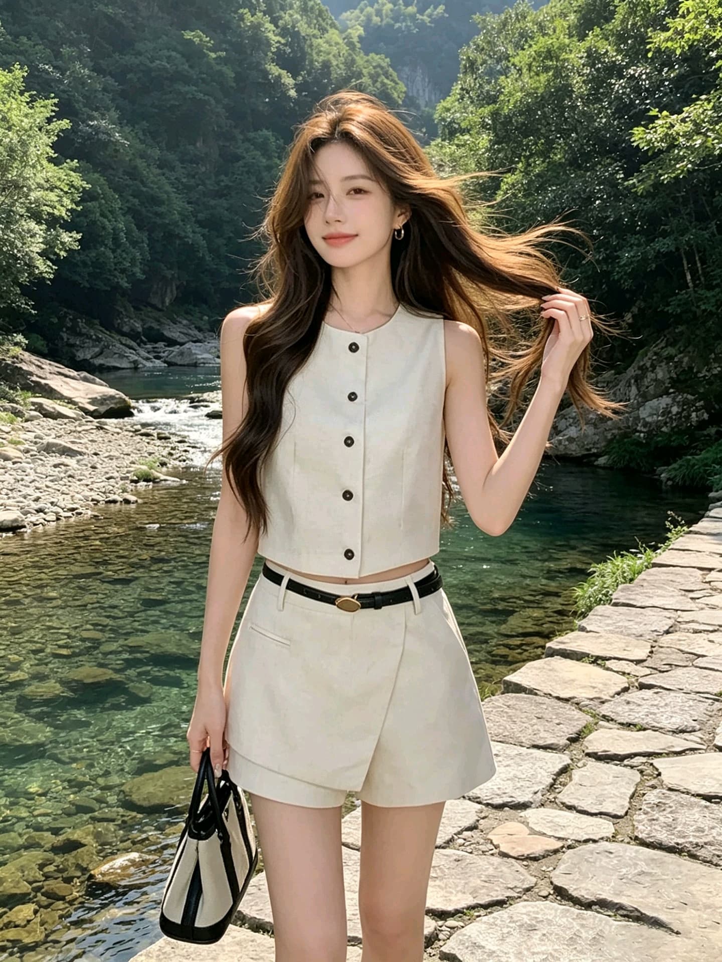 소금 부서 빛 요리 한 전체 집합 2026 여름 새로운 품격 핫걸 민소매 베스트 맨위 페이크 레이어드 반바지 여성 의류 상세 이미지 1