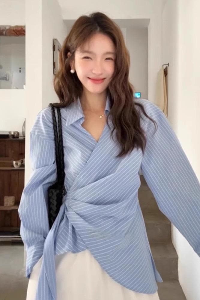 한 부서 측면 레이스업 허리 수축 십자가 작은 폴로 칼라 여성 셔츠 이른 봄 새로운 스트라이프 셔츠 고유 한 Chic 맨위 이미지 2