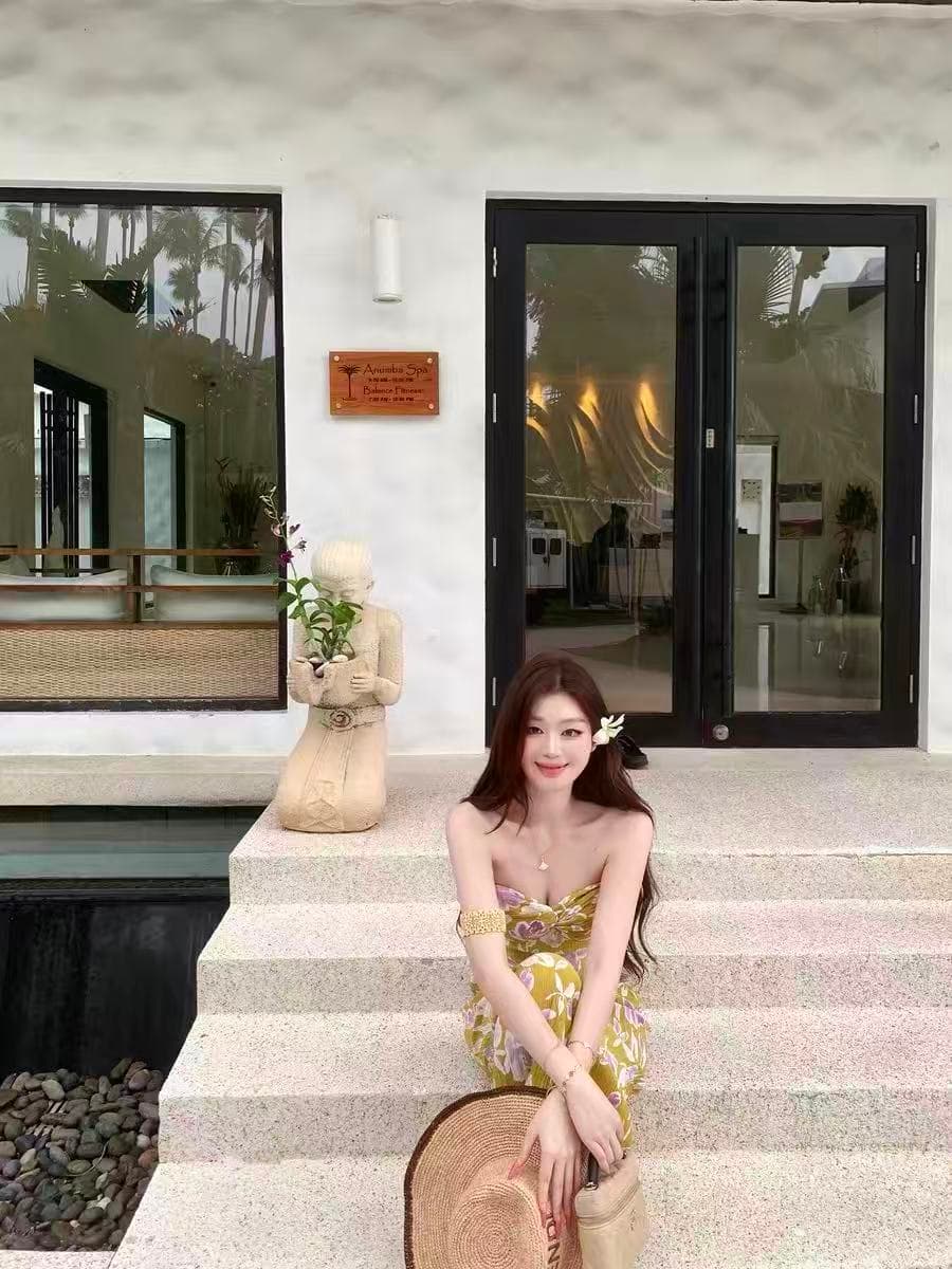 sya 크 사이 작은 웨스트 질감 센스 허리 수축 튜브탑 치마 롱 코트 여성 드레스 여름 프린트 휴가 바람 비틀림 치마 상세 이미지 1