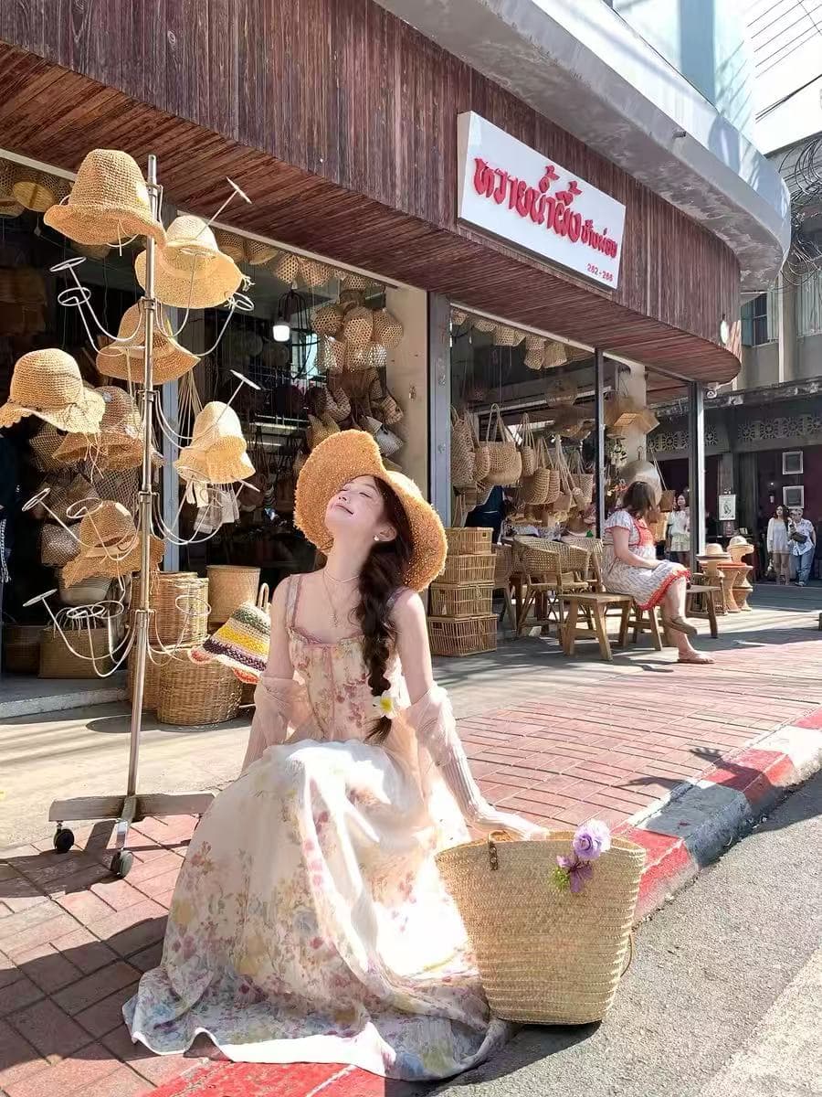 acaine 살구 색상 롱 코트 광장 칼라 허리 수축 목이버섯 연주 중 가져 가라. 슬립 여성 드레스 여름 프랑스식 슬립 롱 스커트 이미지 4