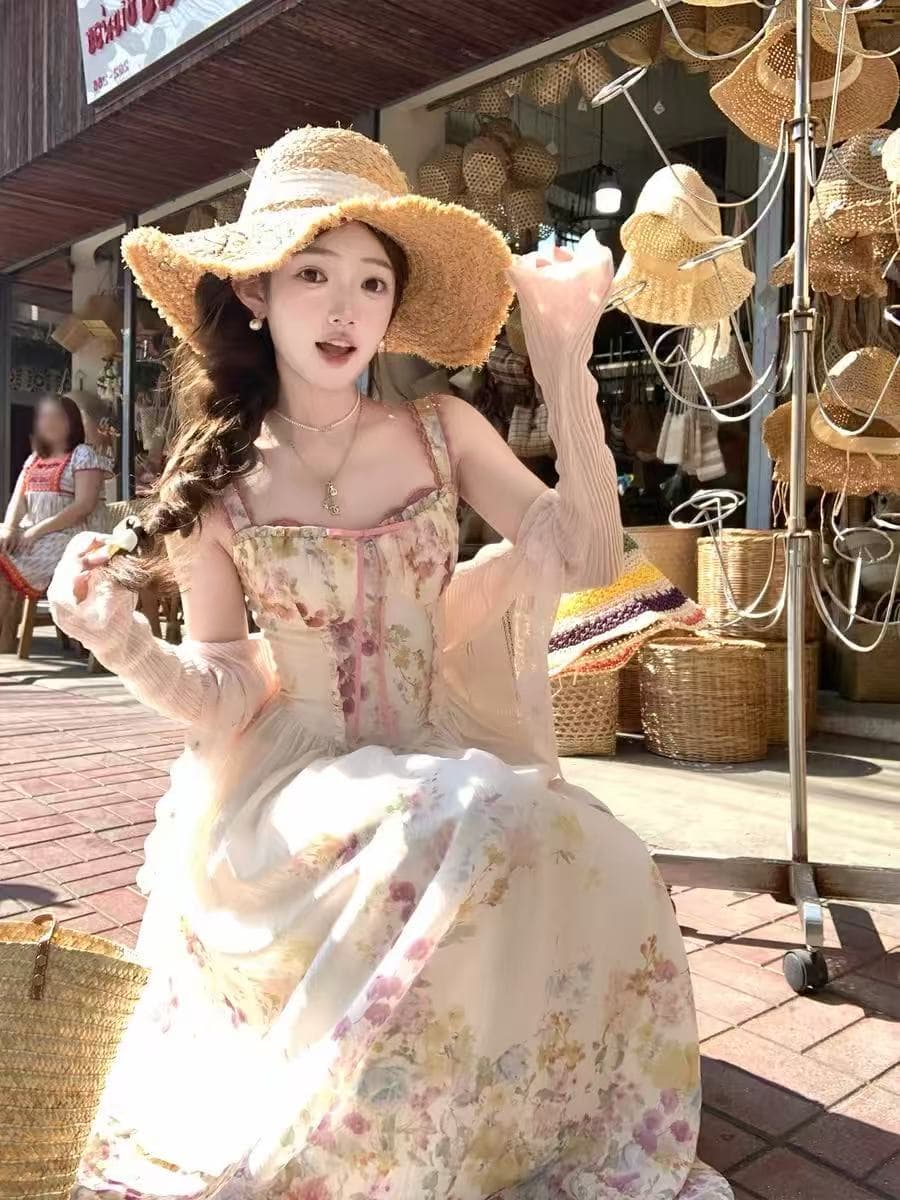 acaine 살구 색상 롱 코트 광장 칼라 허리 수축 목이버섯 연주 중 가져 가라. 슬립 여성 드레스 여름 프랑스식 슬립 롱 스커트 이미지 2