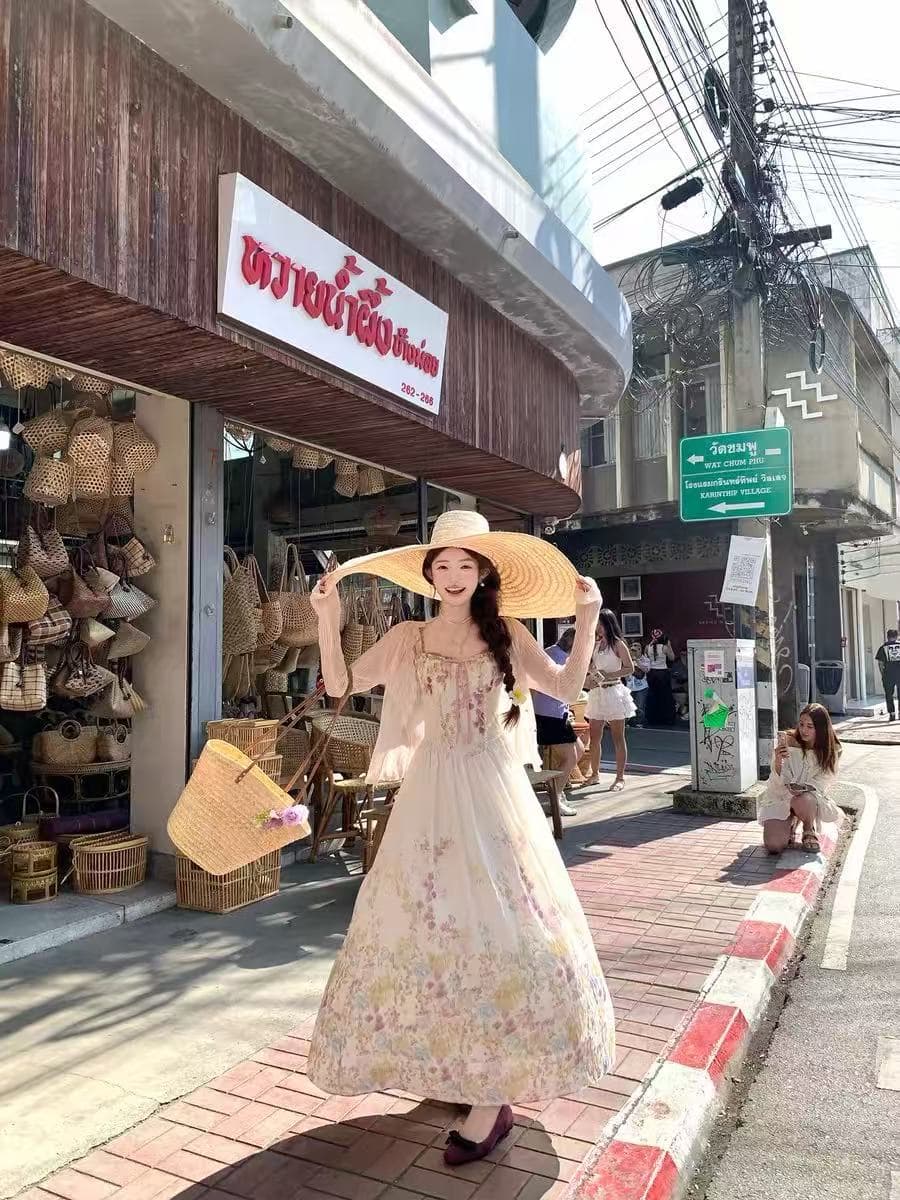 acaine 살구 색상 롱 코트 광장 칼라 허리 수축 목이버섯 연주 중 가져 가라. 슬립 여성 드레스 여름 프랑스식 슬립 롱 스커트 상세 이미지 1