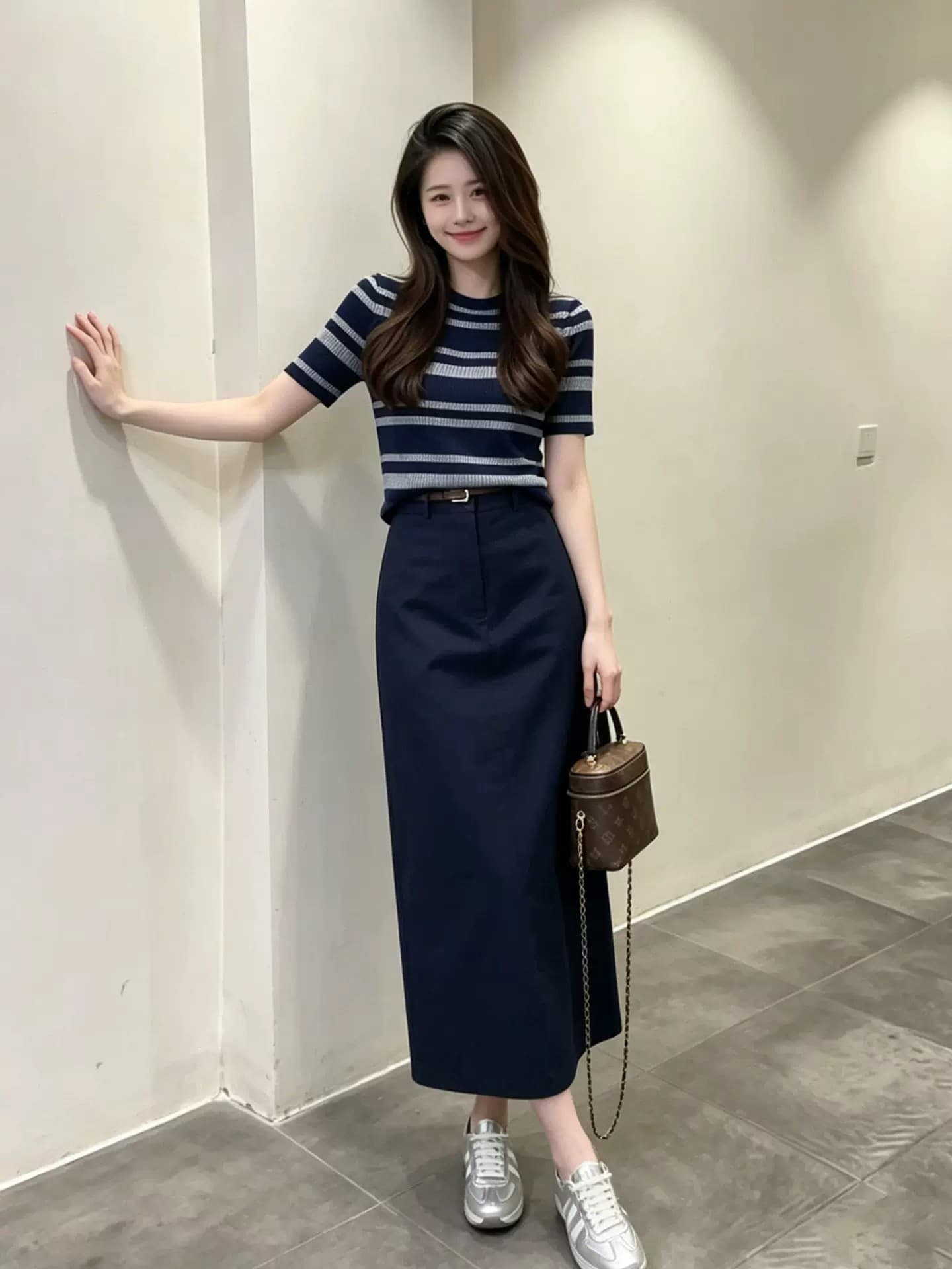 빛 사람들 코치 착용 가져 가라. 전체 집합 여름 새로운 스트라이프 니트 반팔 하이웨이스트 슬림해 보이는 반신 롱 스커트 세트 여성 상세 이미지 2