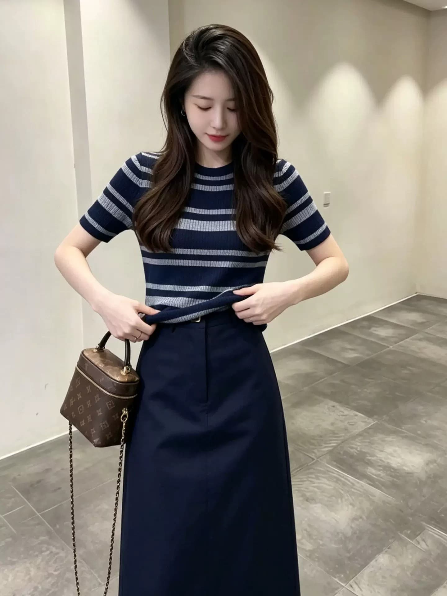 빛 사람들 코치 착용 가져 가라. 전체 집합 여름 새로운 스트라이프 니트 반팔 하이웨이스트 슬림해 보이는 반신 롱 스커트 세트 여성 상세 이미지 3
