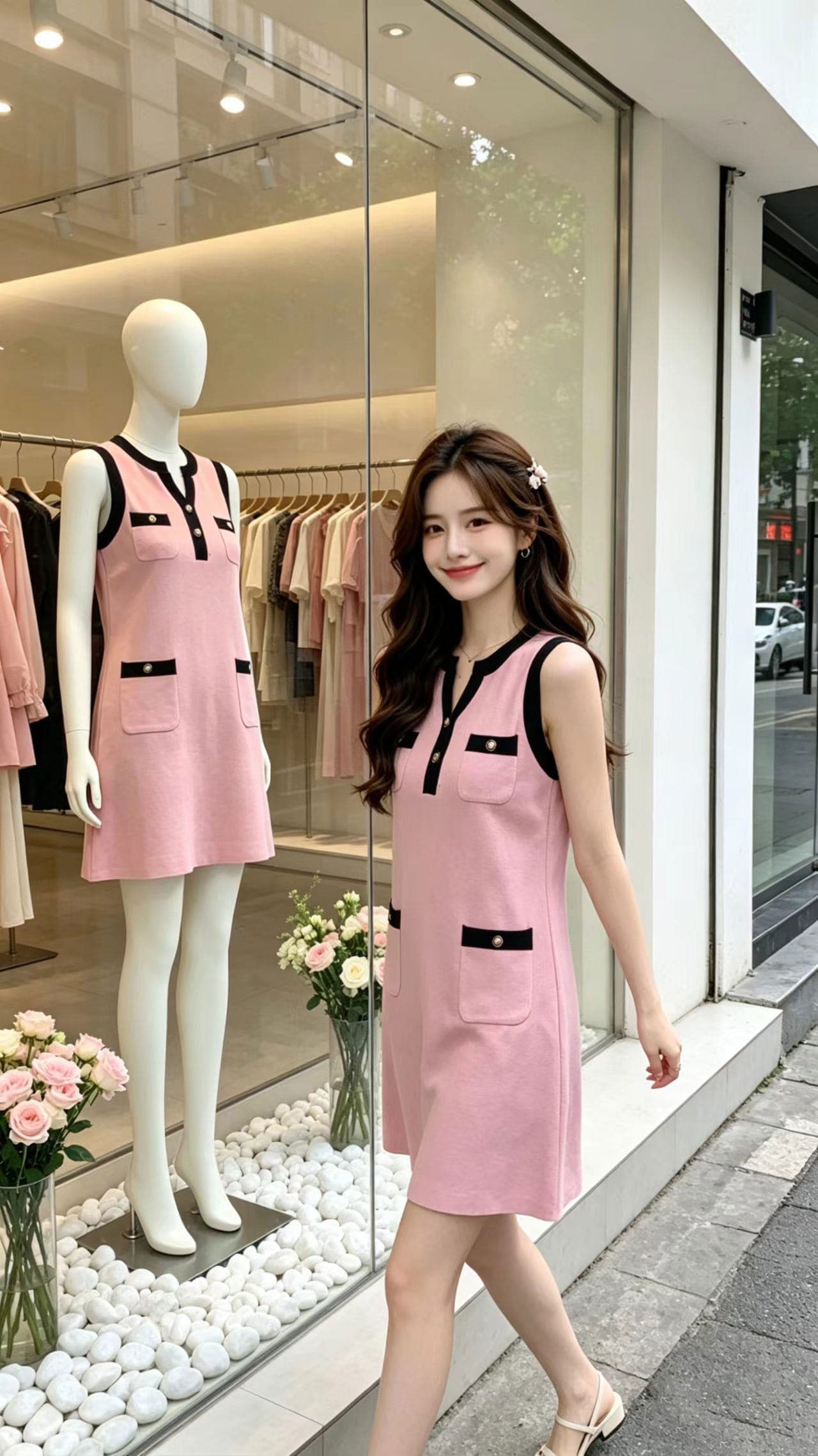 고급 맞춤 프랑스식 작은 샤넬 스타일 민소매 여성 드레스 여름 슬림해 보이는 품격 그는 벤 바람 한 마디 조끼 스커트 이미지 4