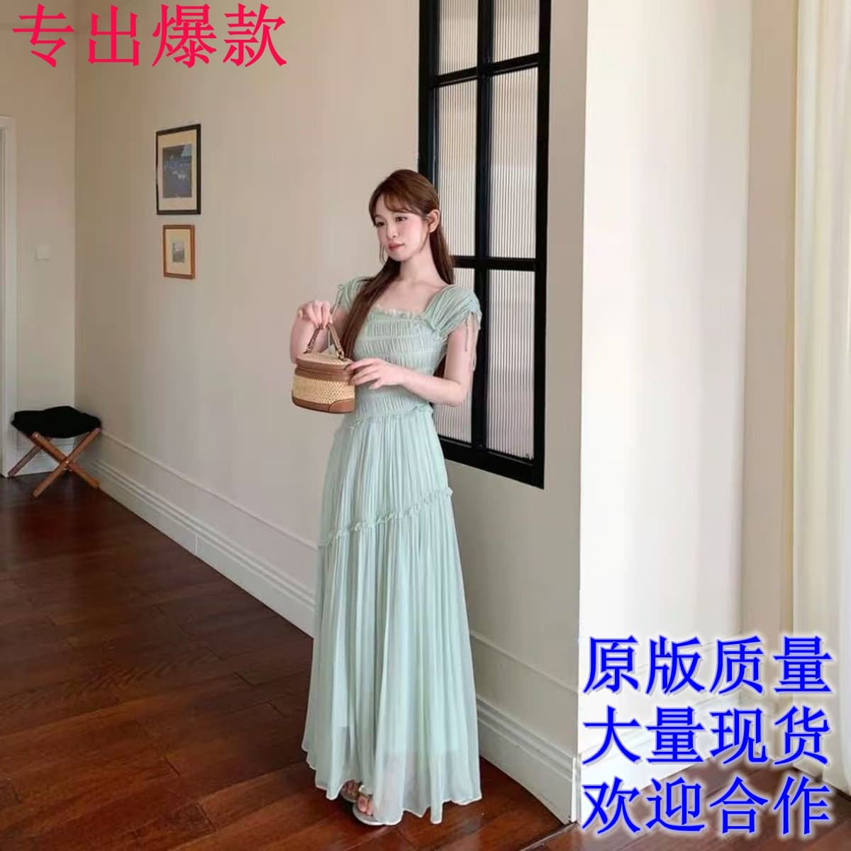 밤나무 웨스트 시칭 빈 부드러운 밀가루 여름 프랑스식 휴가 플리츠 광장 칼라 펌프 로프 허리 수축 프릴 드레스