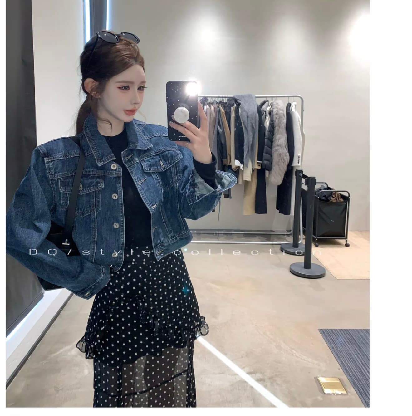 파리 거리 슛 진한 파란색 미니멀리즘 센스 데님 재킷 상세 이미지 1