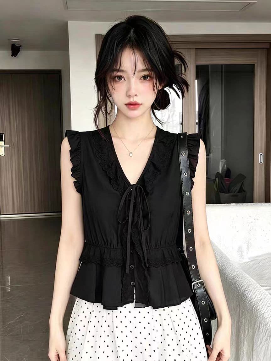 레이스 레이스 단색 V넥 민소매 여성 셔츠 2026 여름 새로운 레이스업 허리 수축 슬림해 보이는 고급 센스 맨위 이미지 2